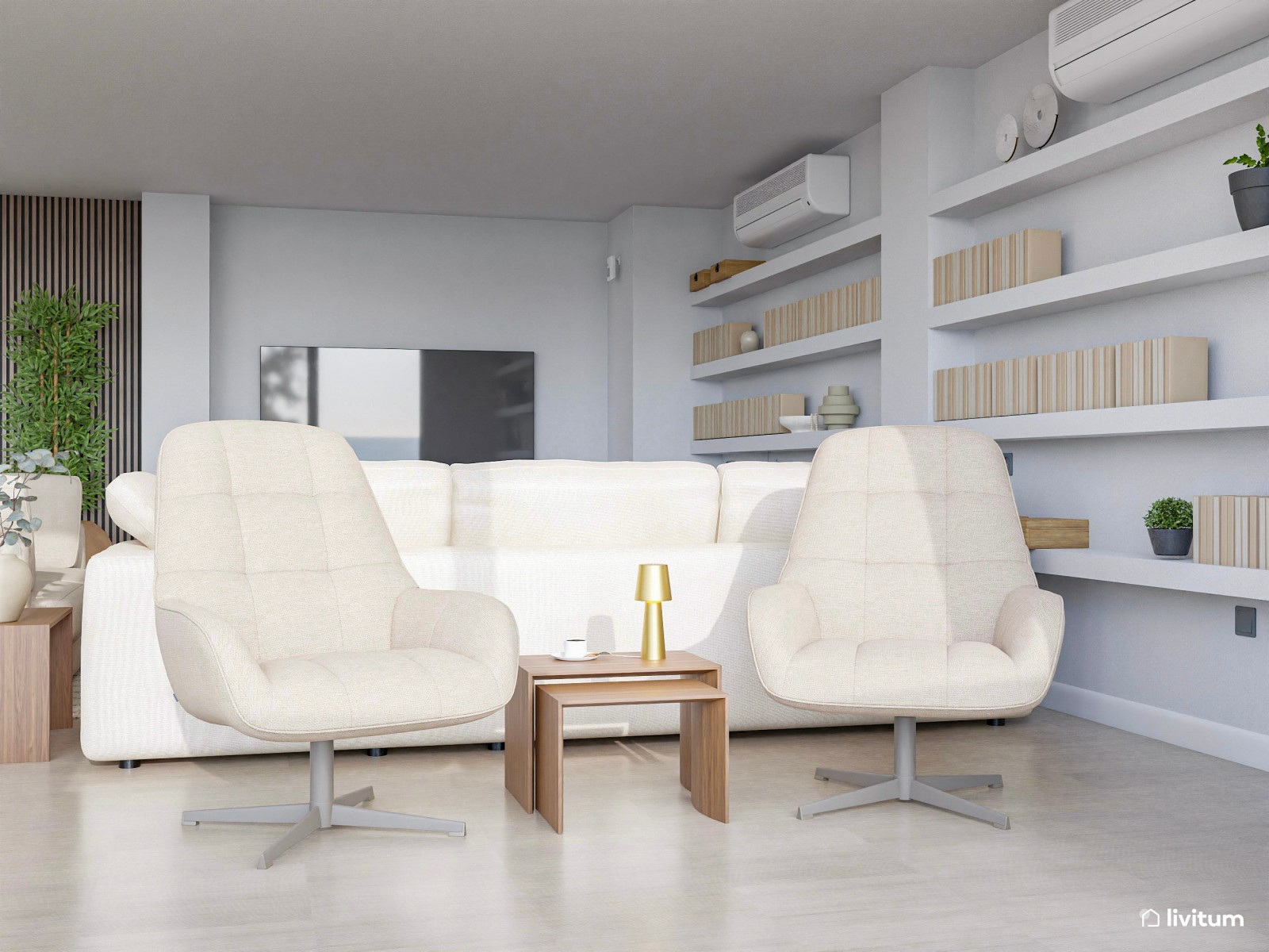 Salón moderno decorado en tonos claros con comedor de madera oscura