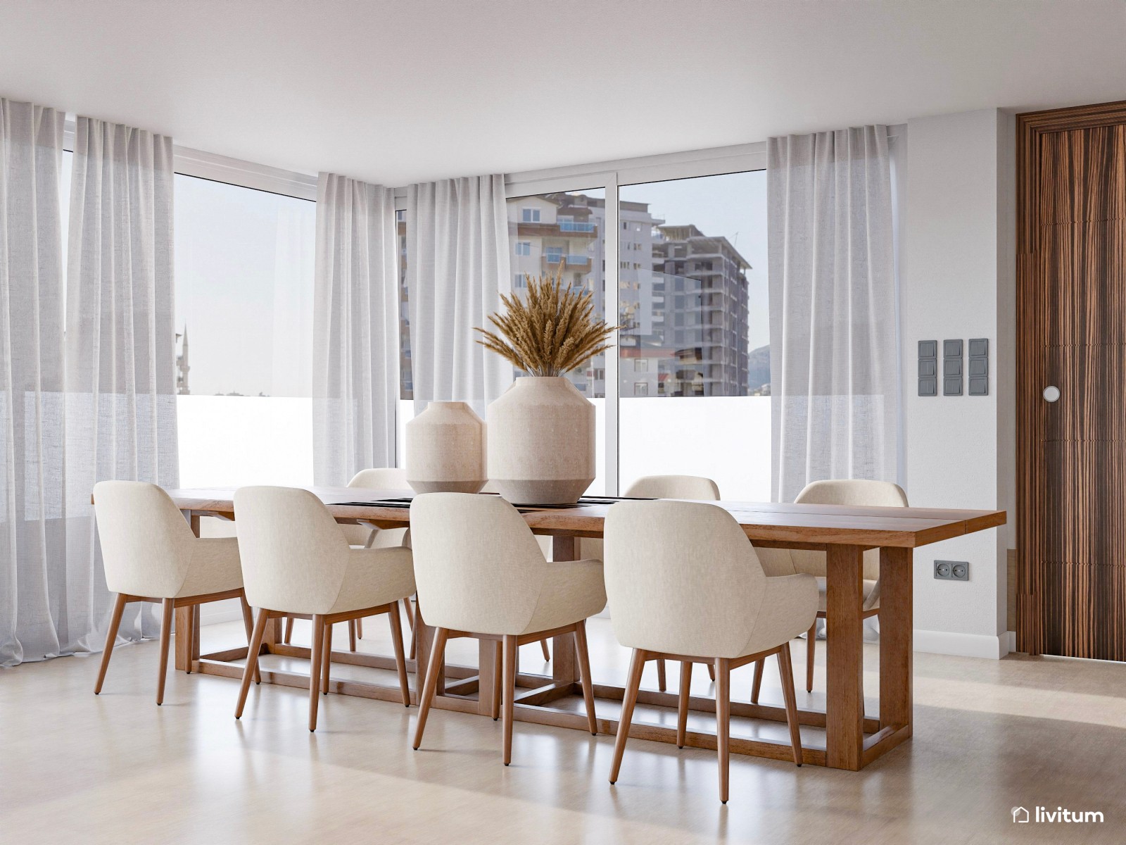 Salón moderno decorado en tonos claros con comedor de madera oscura