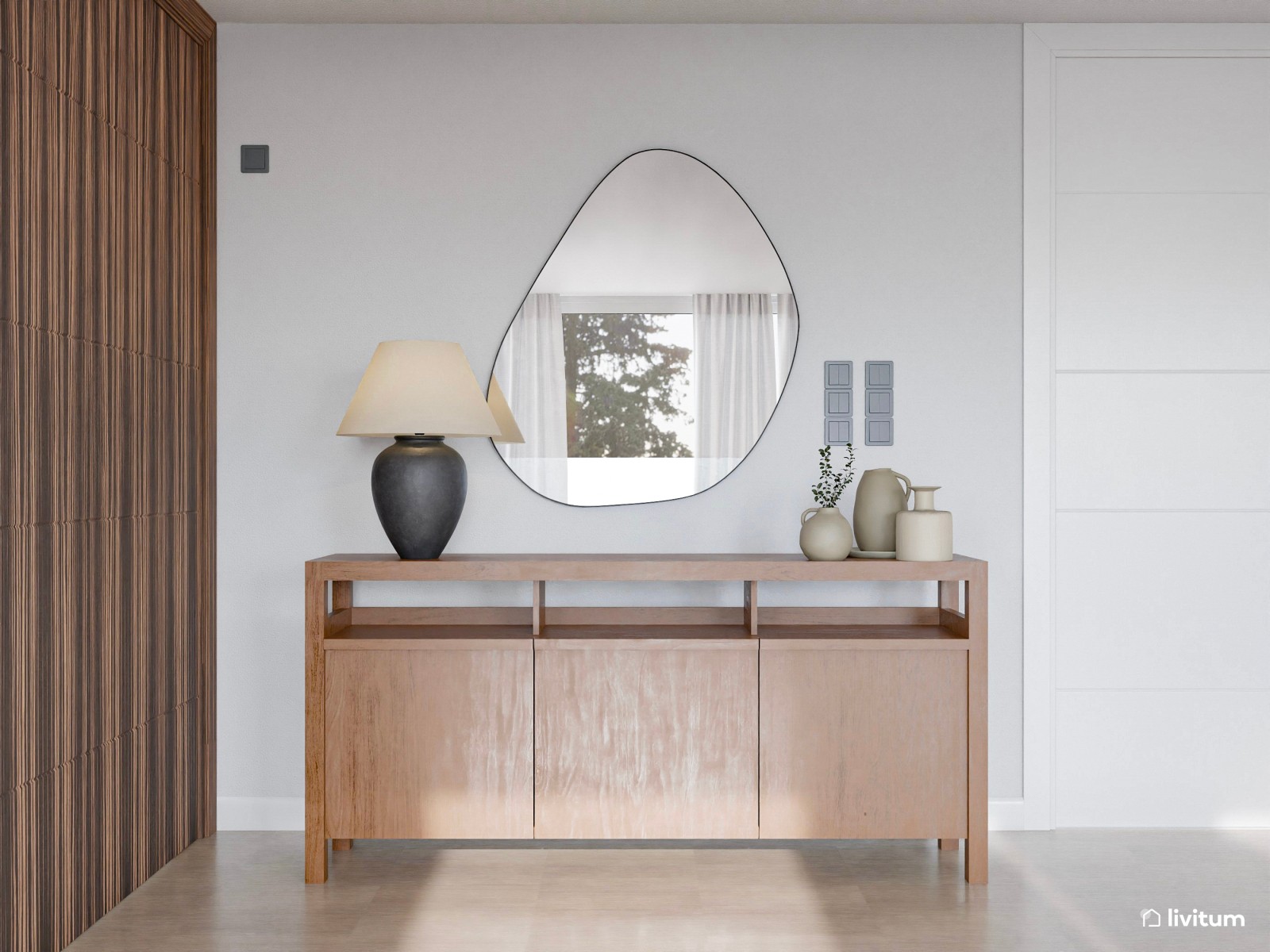 Salón moderno decorado en tonos claros con comedor de madera oscura