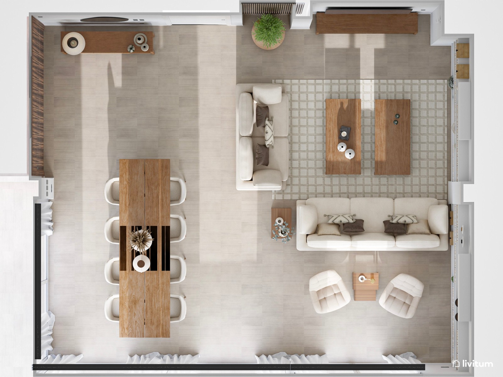 Salón moderno decorado en tonos claros con comedor de madera oscura