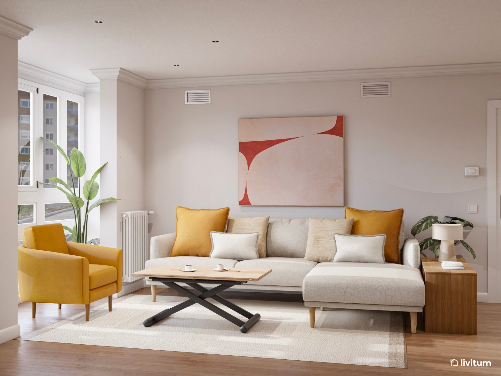 Salón moderno ecléctico con sofá grande y sillón en color mostaza