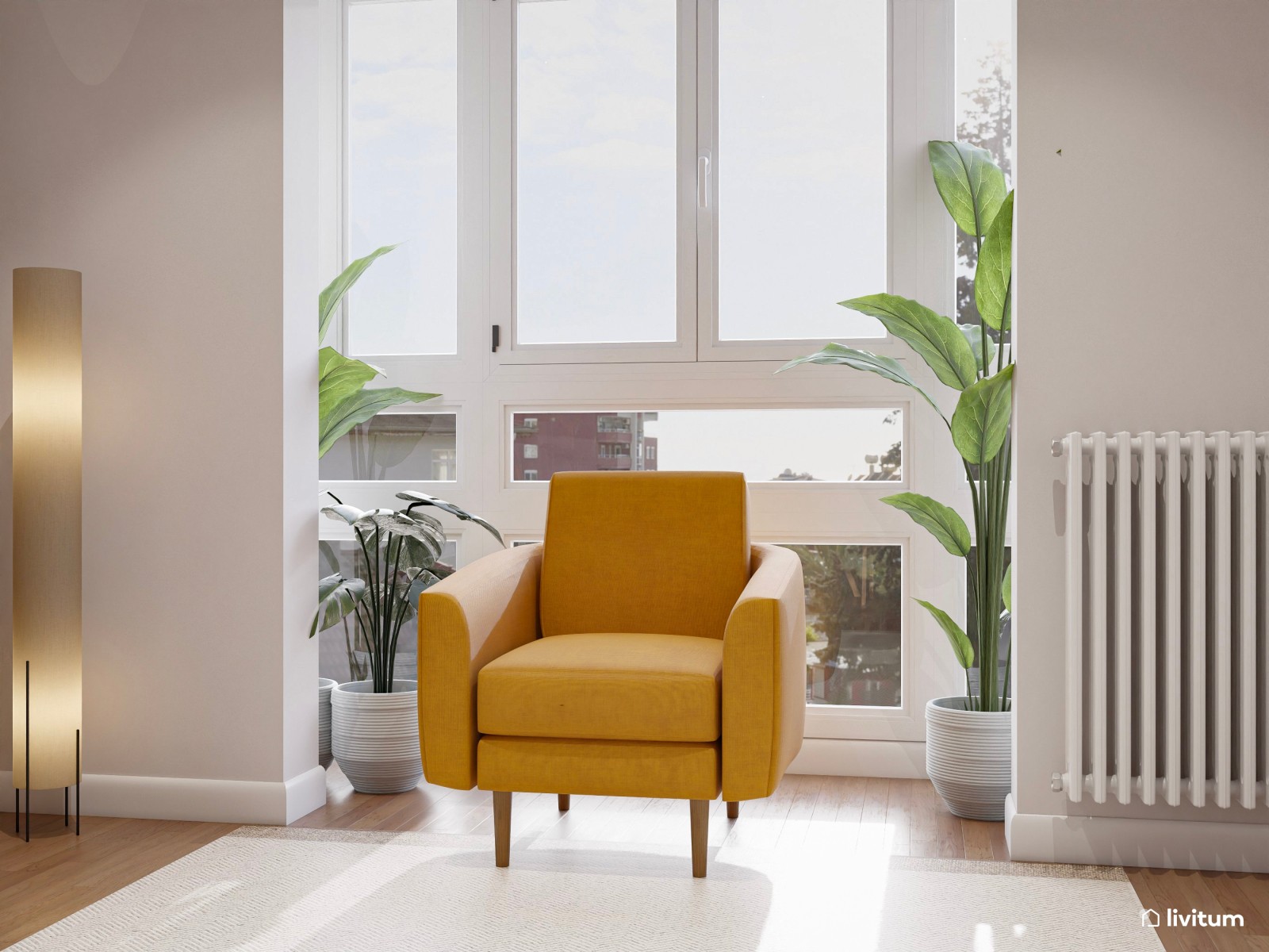 Salón moderno ecléctico con sofá grande y sillón en color mostaza