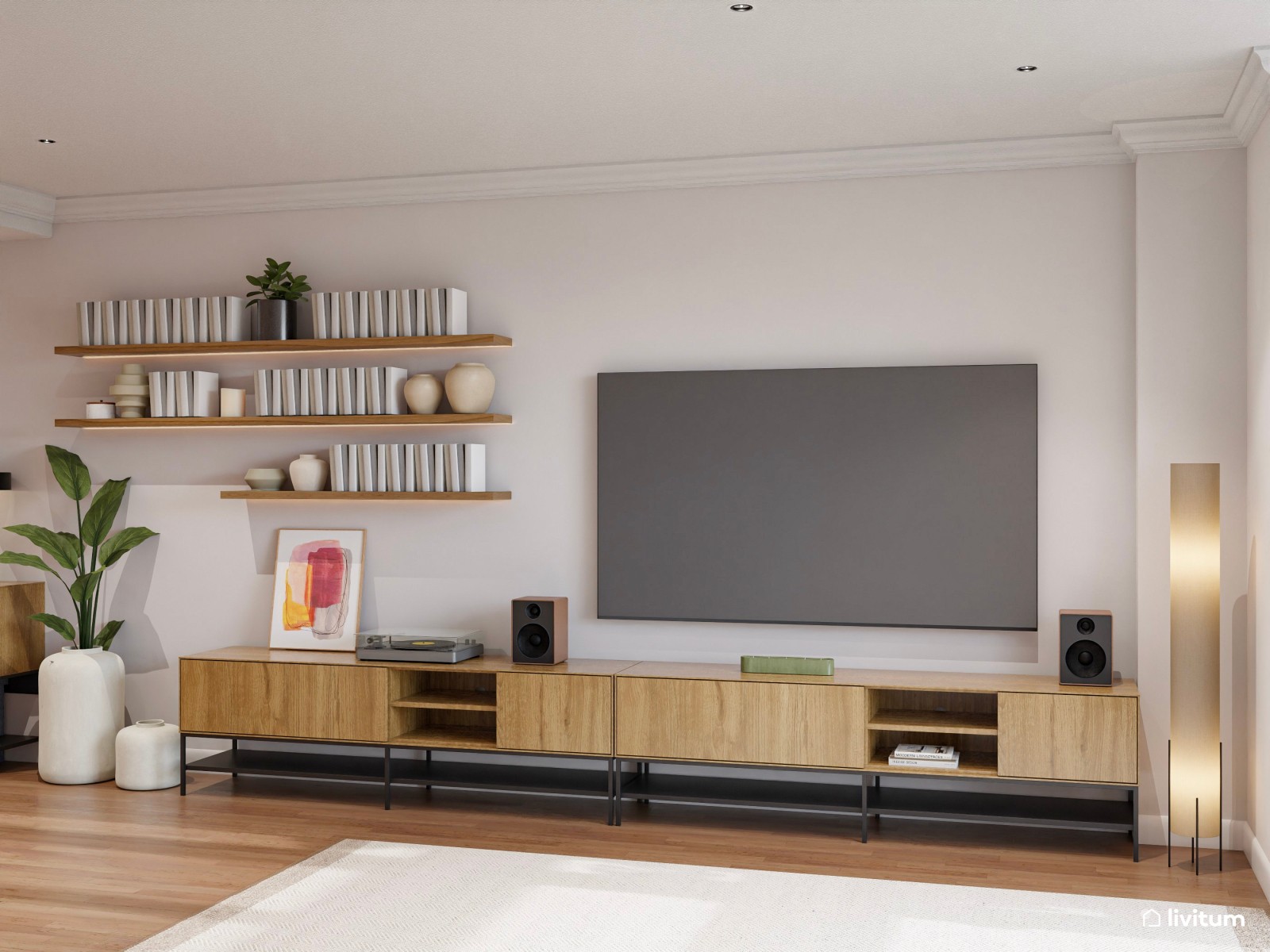 Salón moderno ecléctico con sofá grande y sillón en color mostaza