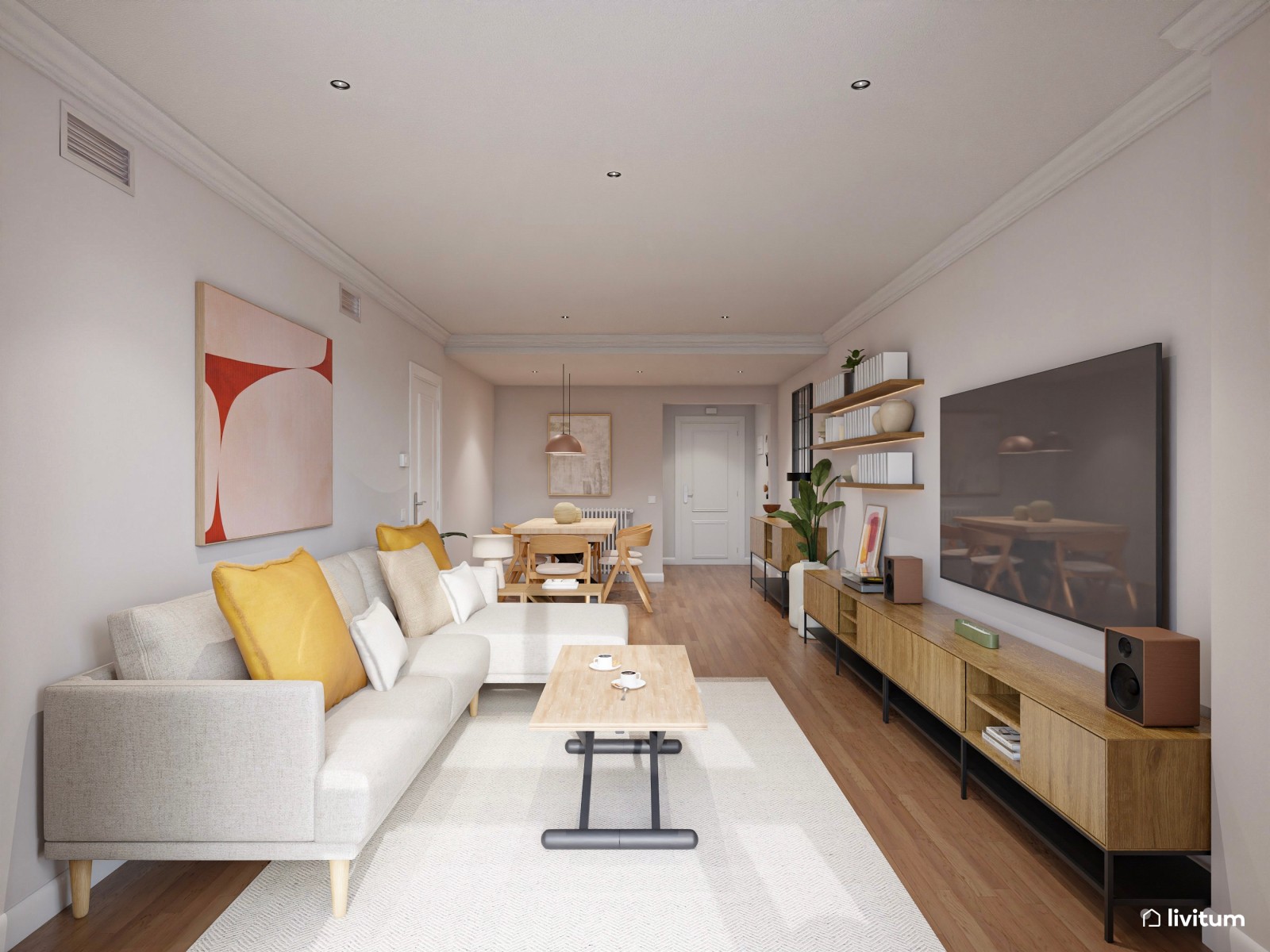 Salón moderno ecléctico con sofá grande y sillón en color mostaza