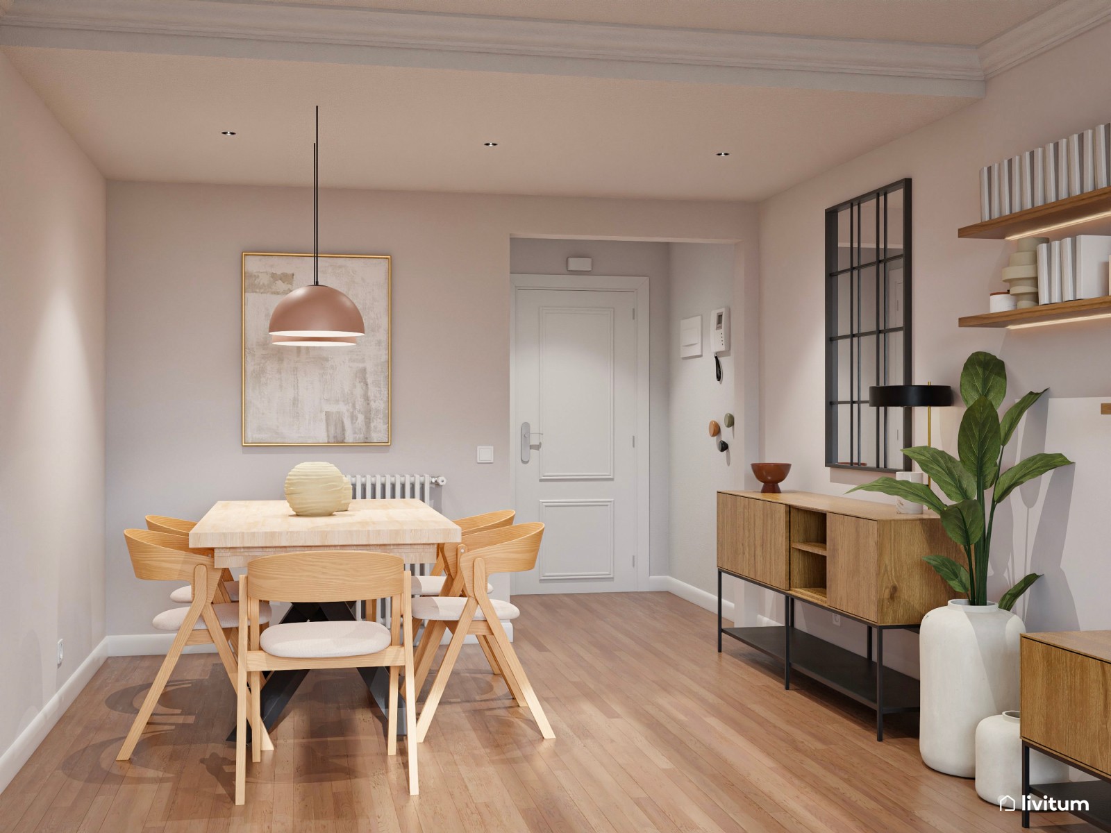 Salón moderno ecléctico con sofá grande y sillón en color mostaza