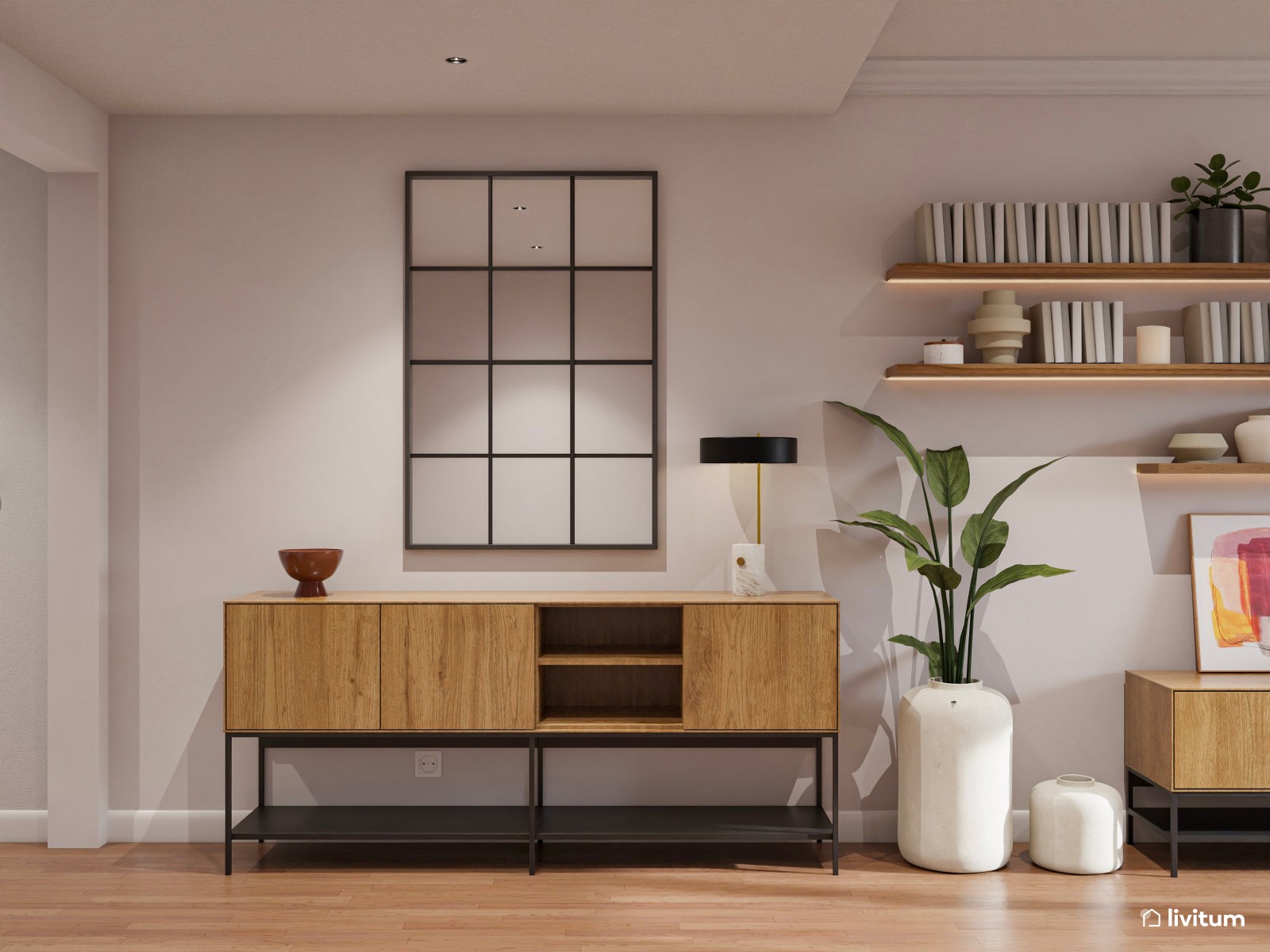 Salón moderno ecléctico con sofá grande y sillón en color mostaza