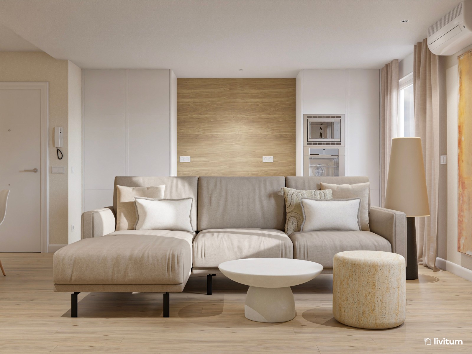 Salón moderno en tonos cálidos y elegante mueble de TV 