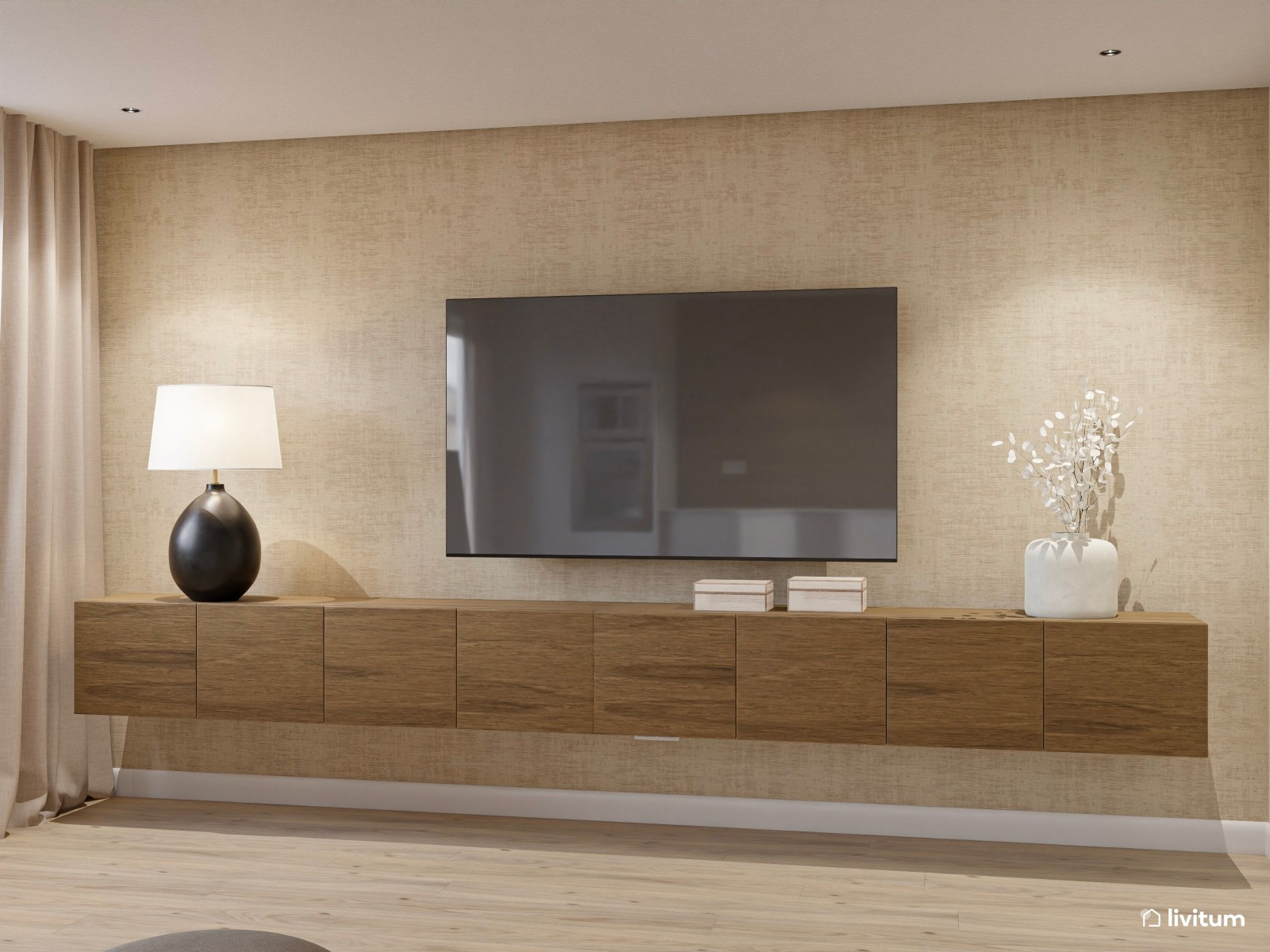 Salón moderno en tonos cálidos y elegante mueble de TV 