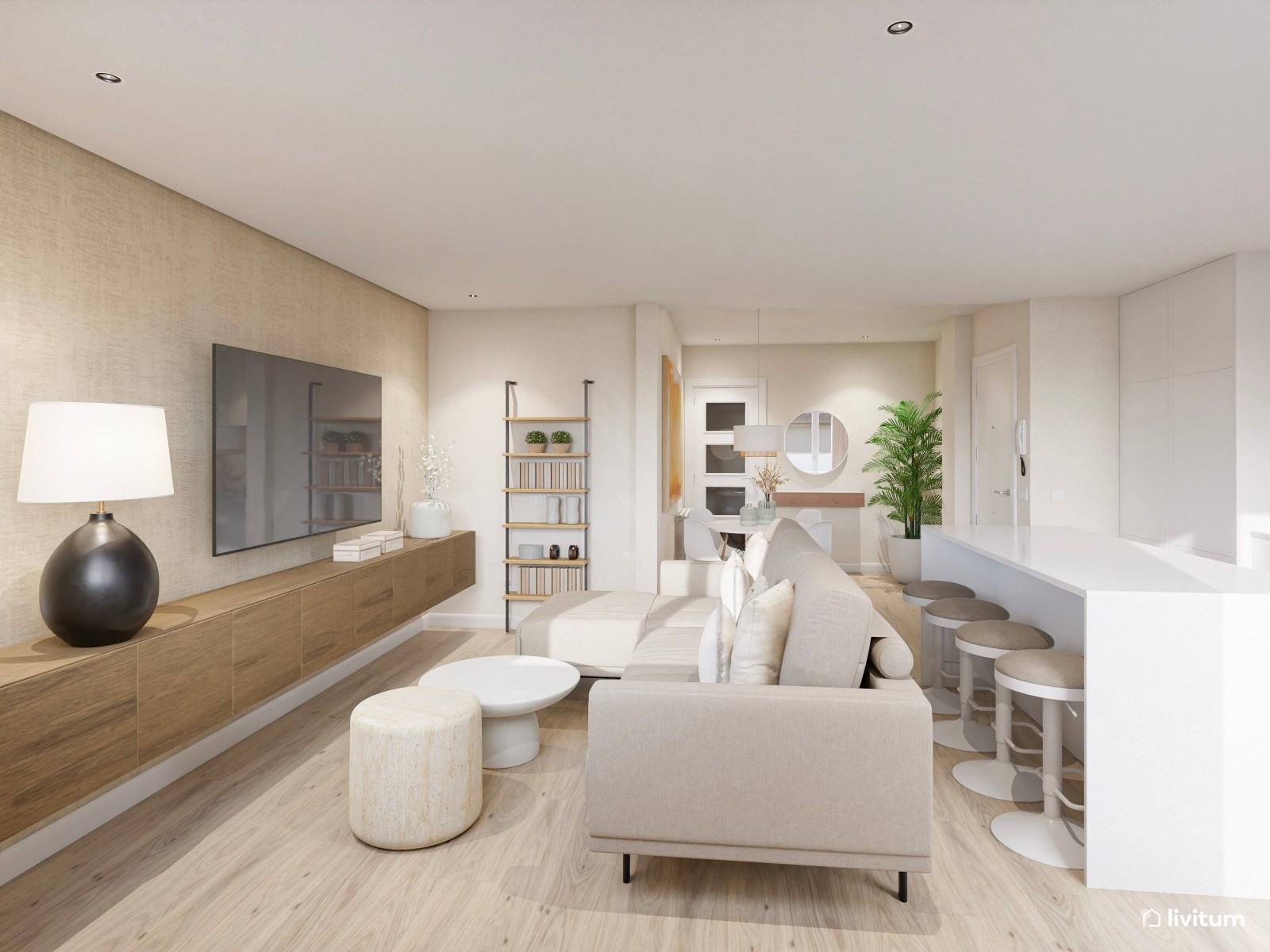 Salón moderno en tonos cálidos y elegante mueble de TV 