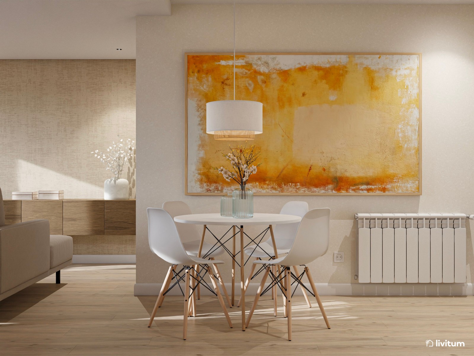 Salón moderno en tonos cálidos y elegante mueble de TV 