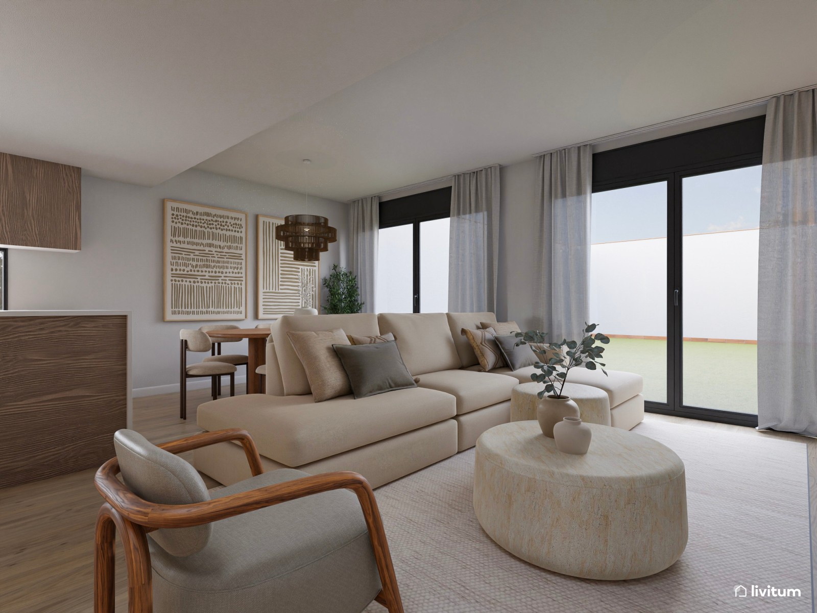 Salón moderno en tonos claros con isla central y sofá modular desenfundable