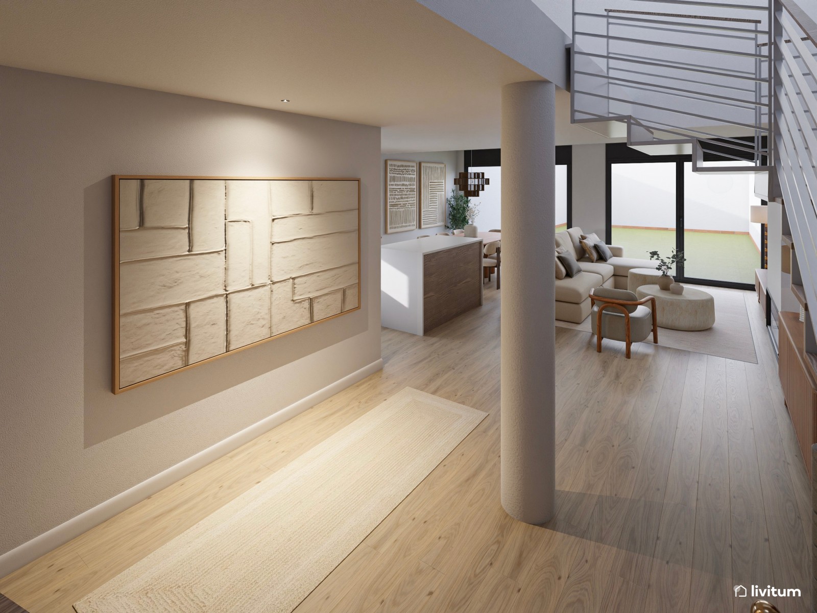 Salón moderno en tonos claros con isla central y sofá modular desenfundable