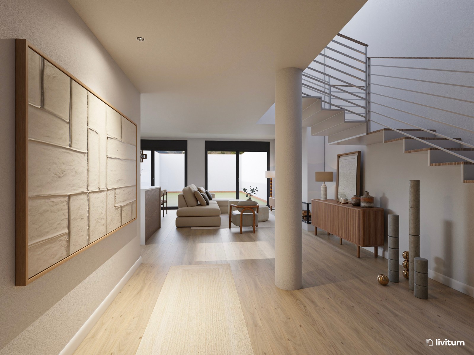 Salón moderno en tonos claros con isla central y sofá modular desenfundable