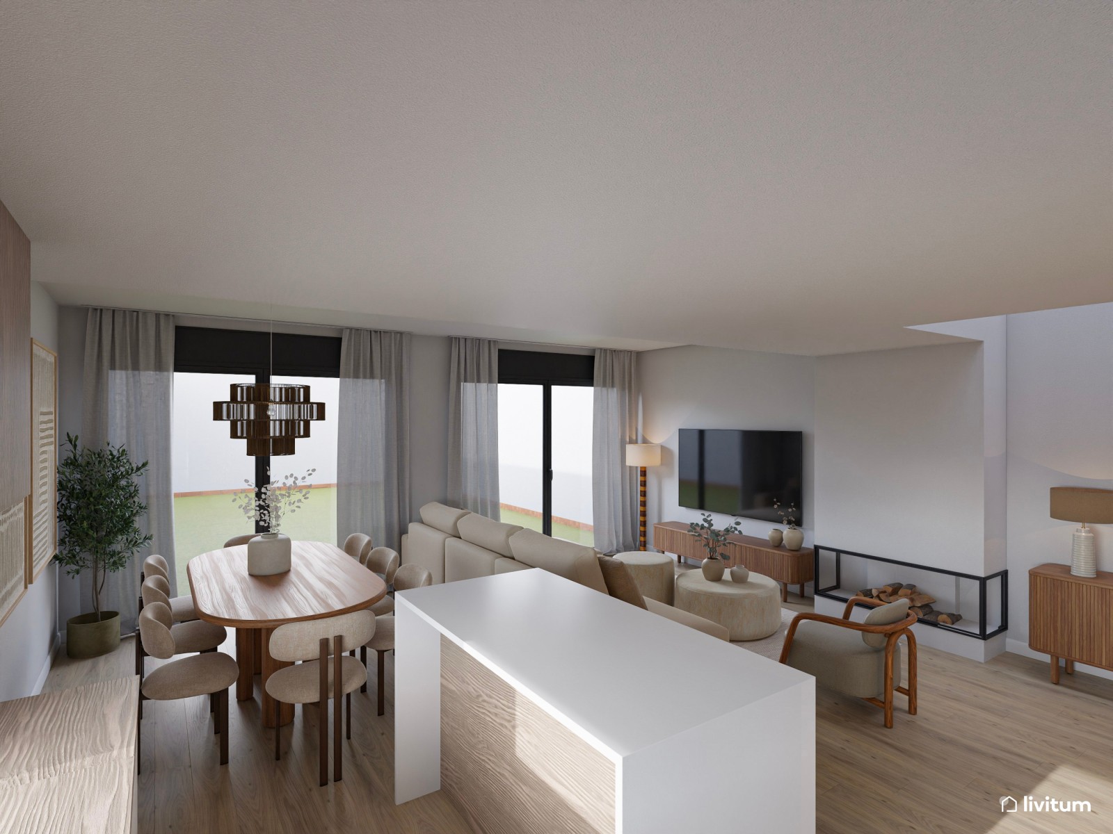 Salón moderno en tonos claros con isla central y sofá modular desenfundable