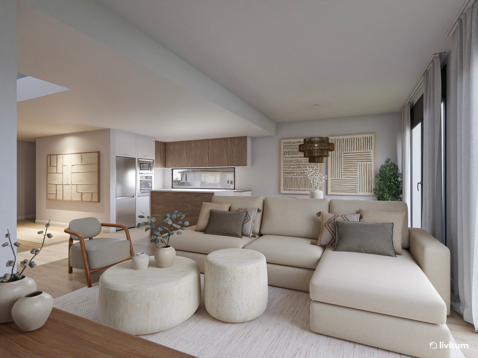 Salón moderno en tonos claros con isla central y sofá modular desenfundable