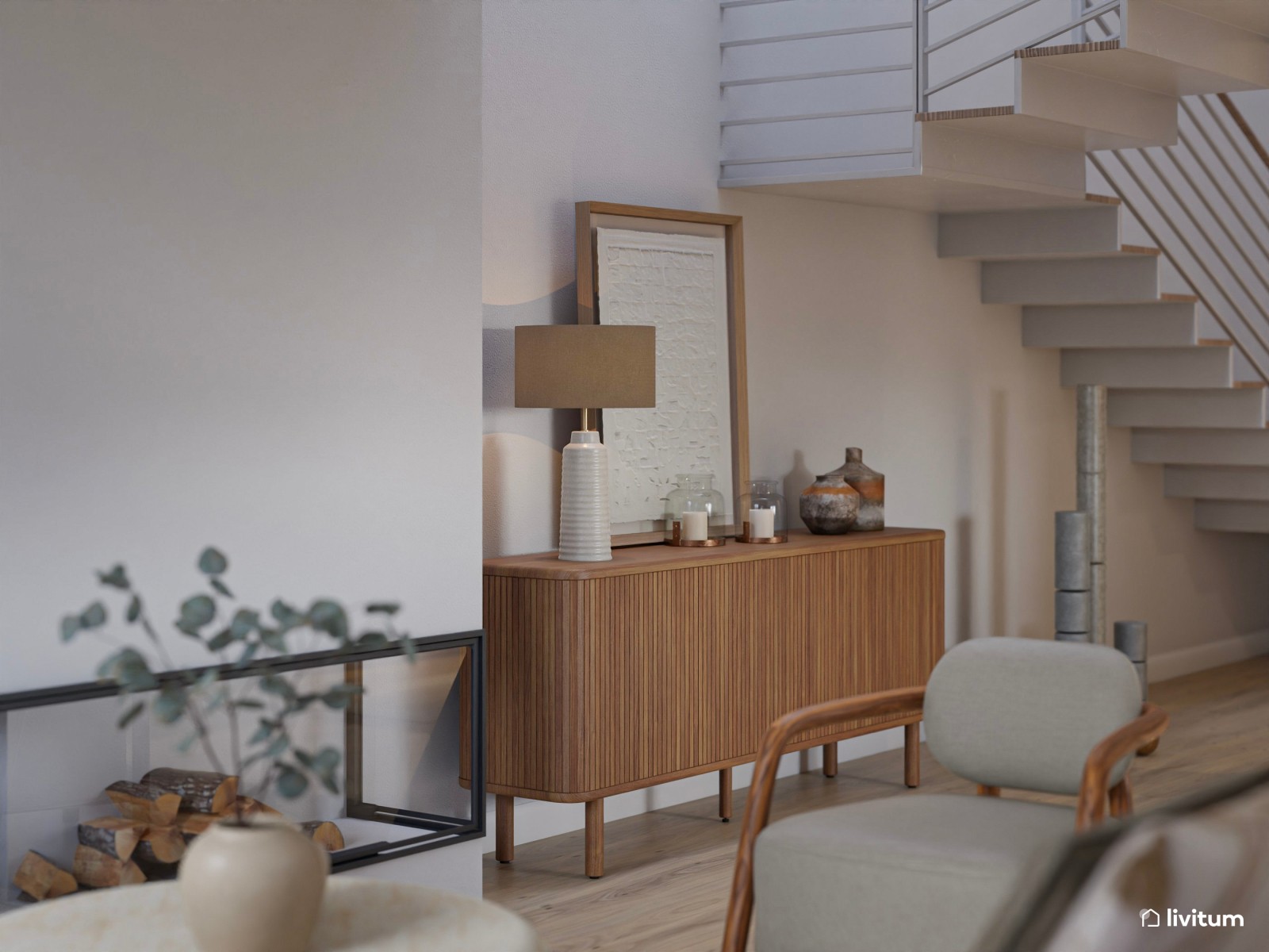 Salón moderno en tonos claros con isla central y sofá modular desenfundable