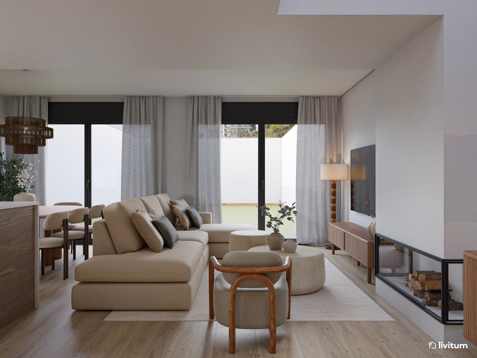 Salón moderno en tonos claros con isla central y sofá modular desenfundable