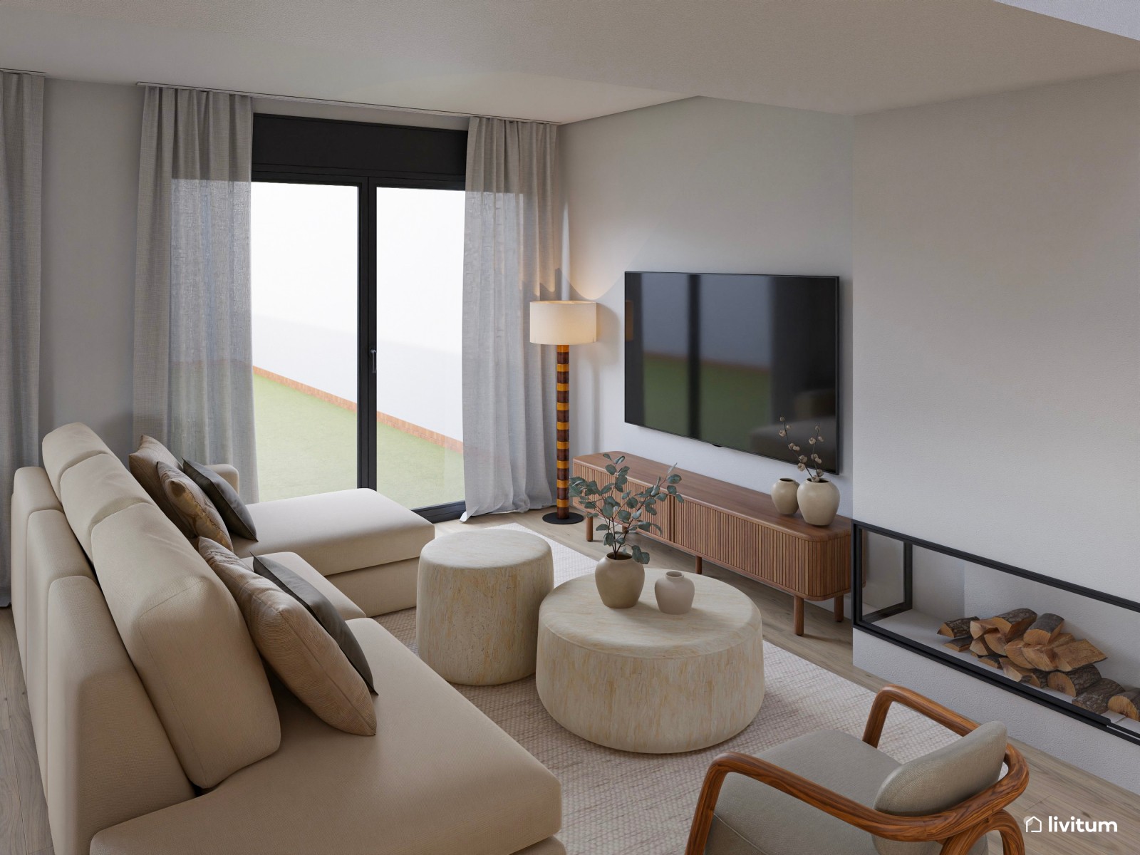 Salón moderno en tonos claros con isla central y sofá modular desenfundable