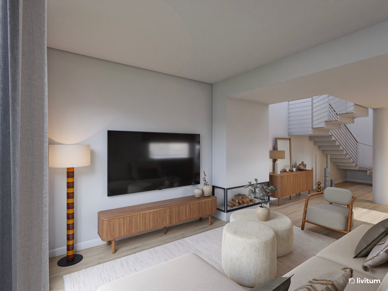 Salón moderno en tonos claros con isla central y sofá modular desenfundable