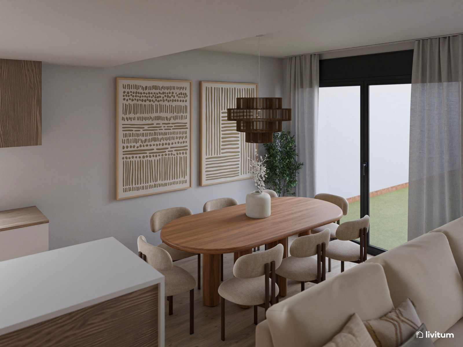 Salón moderno en tonos claros con isla central y sofá modular desenfundable