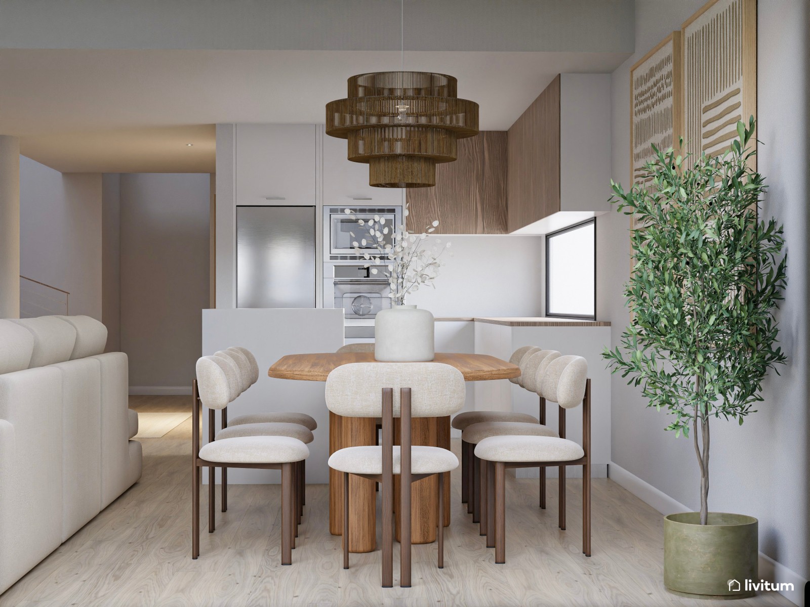 Salón moderno en tonos claros con isla central y sofá modular desenfundable