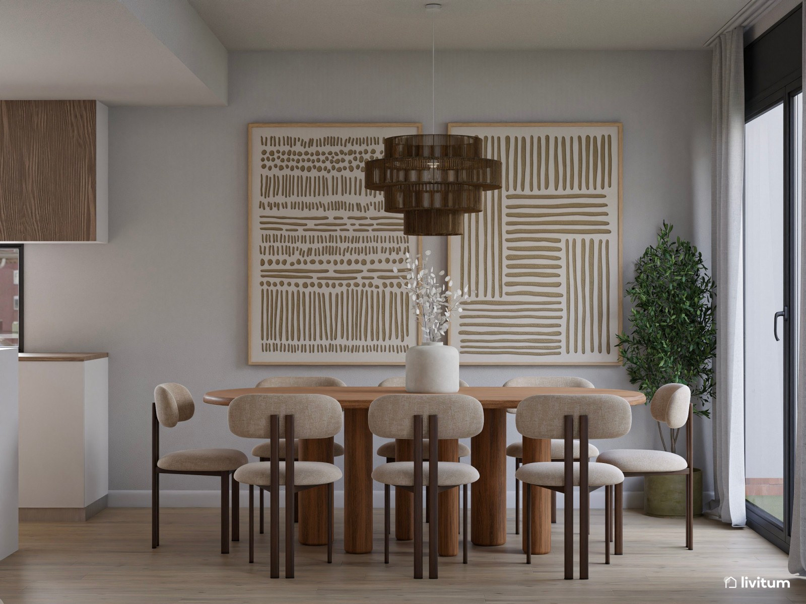 Salón moderno en tonos claros con isla central y sofá modular desenfundable