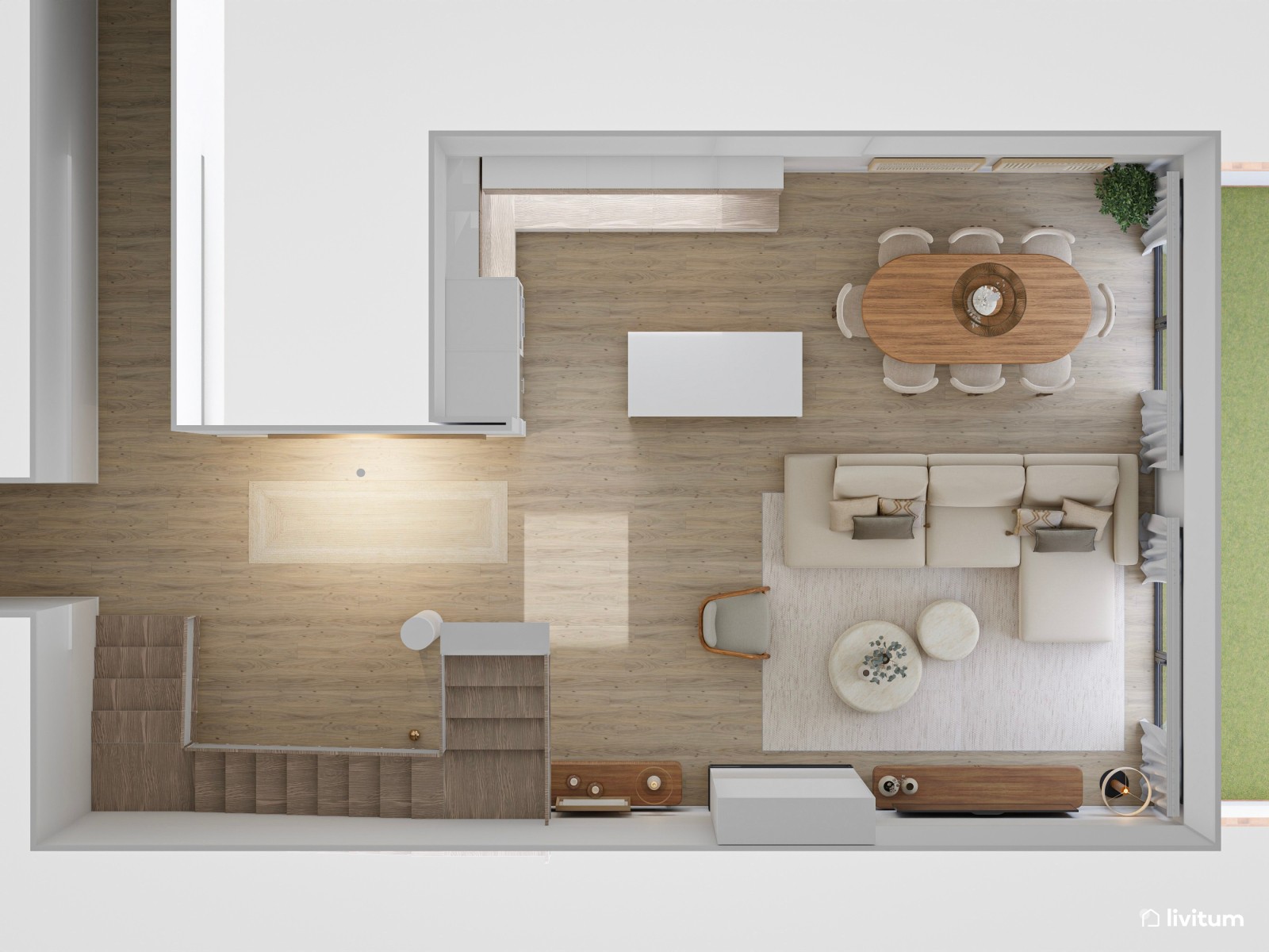 Salón moderno en tonos claros con isla central y sofá modular desenfundable