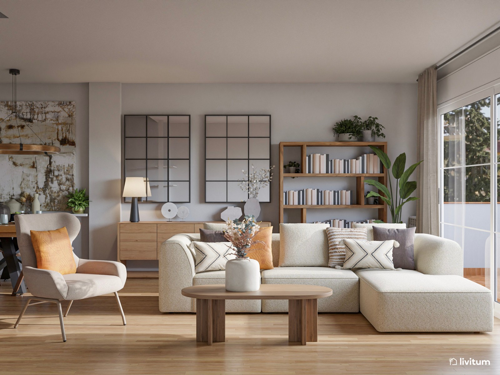 Salón moderno en tonos claros ideal para relajarse y descansar