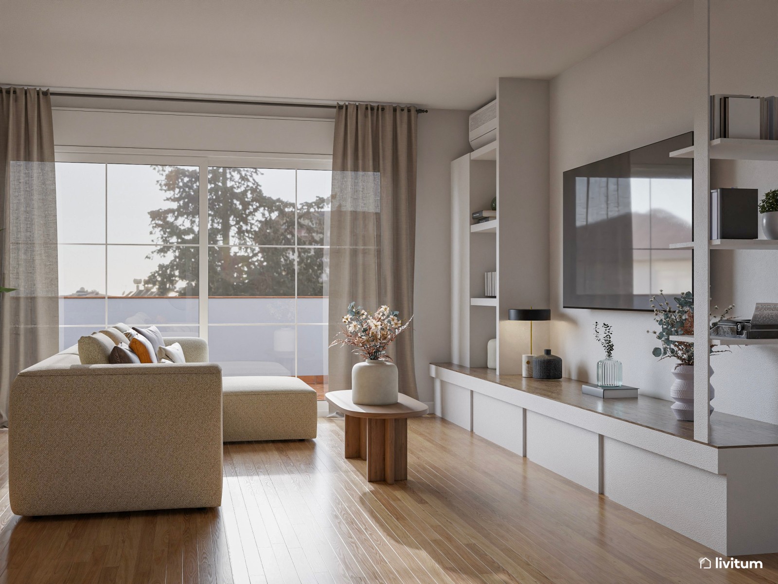 Salón moderno en tonos claros ideal para relajarse y descansar