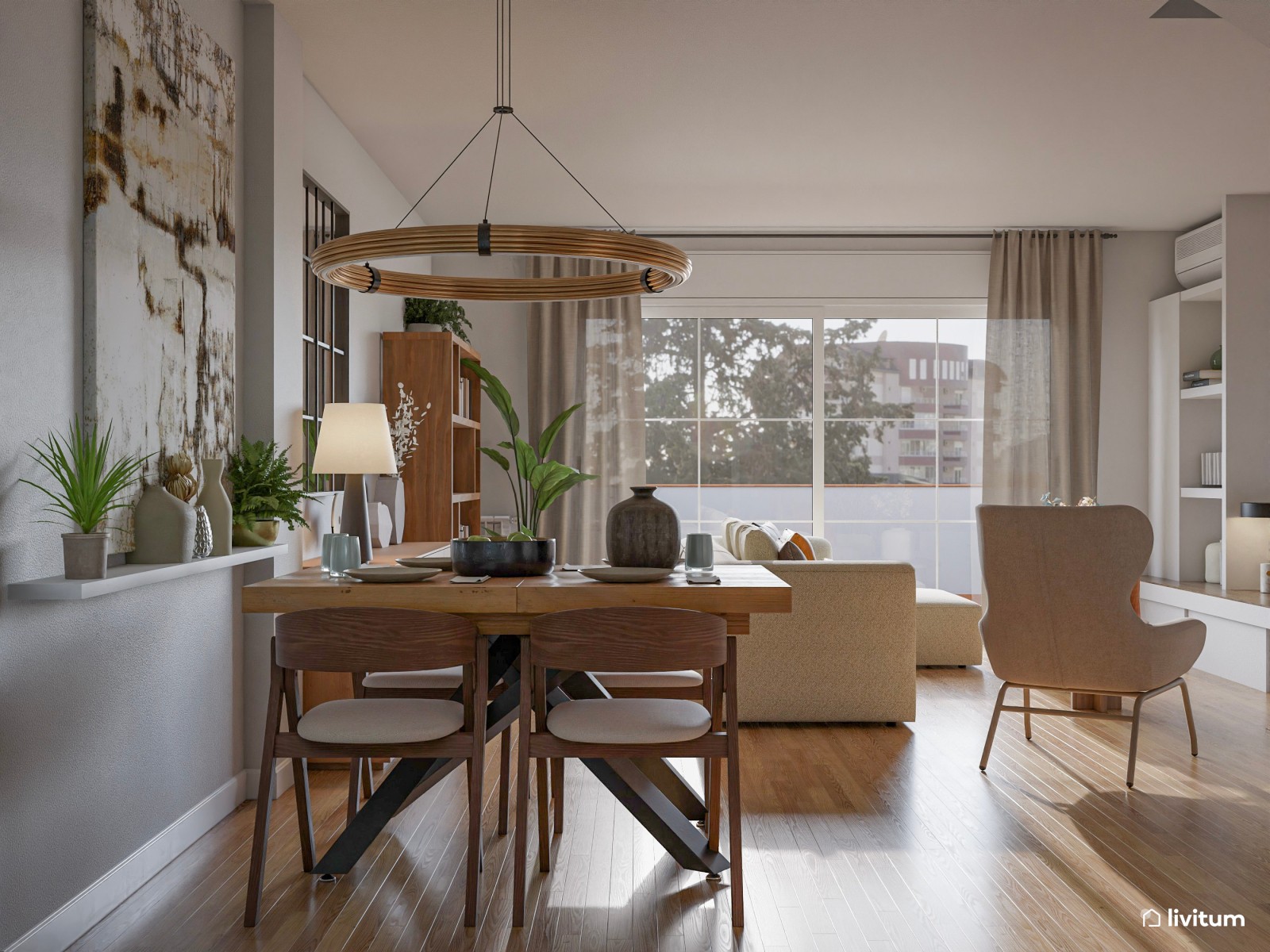 Salón moderno en tonos claros ideal para relajarse y descansar