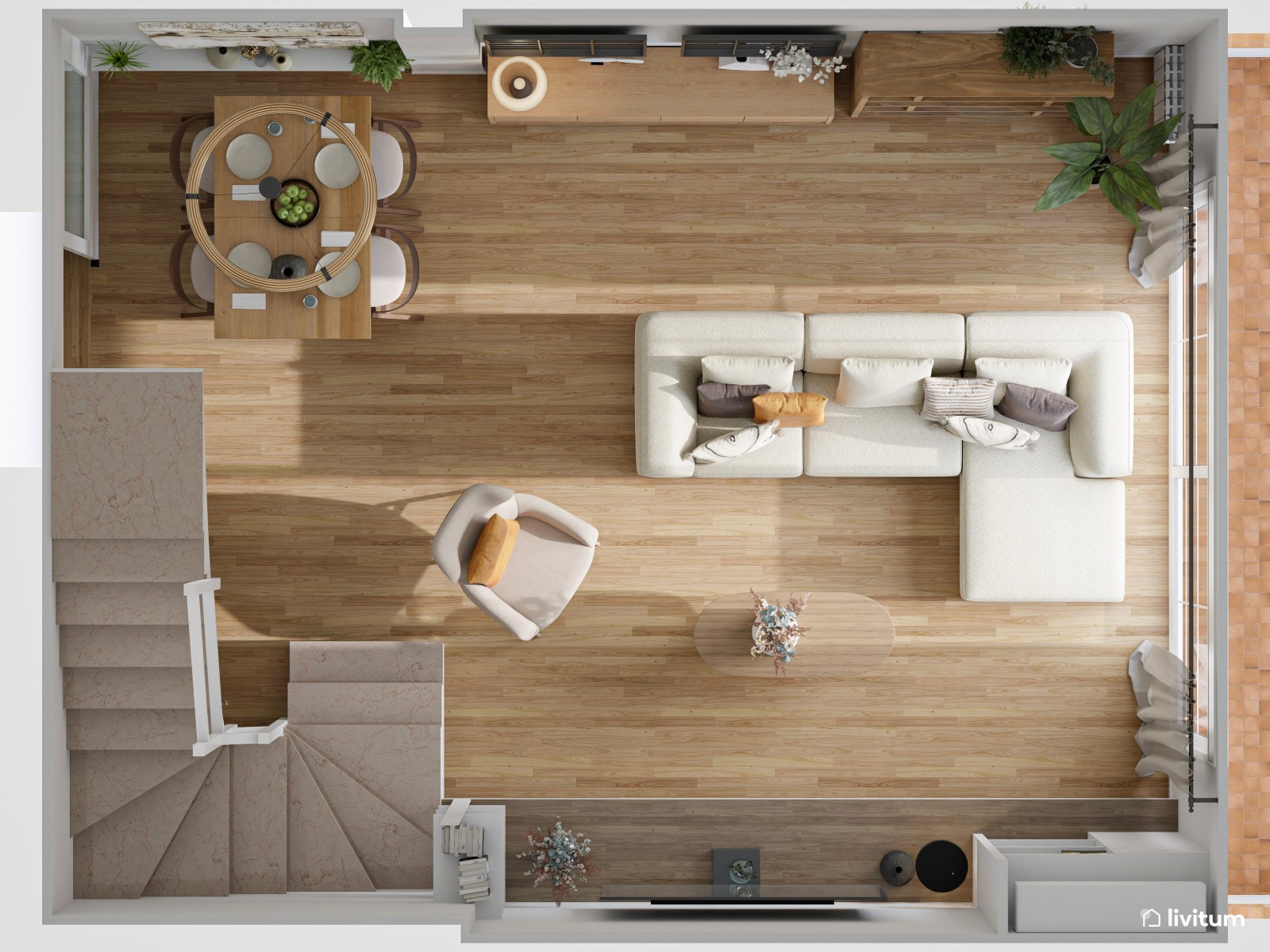 Salón moderno en tonos claros ideal para relajarse y descansar