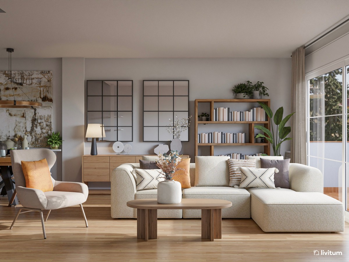 Salón moderno en tonos claros ideal para relajarse y descansar