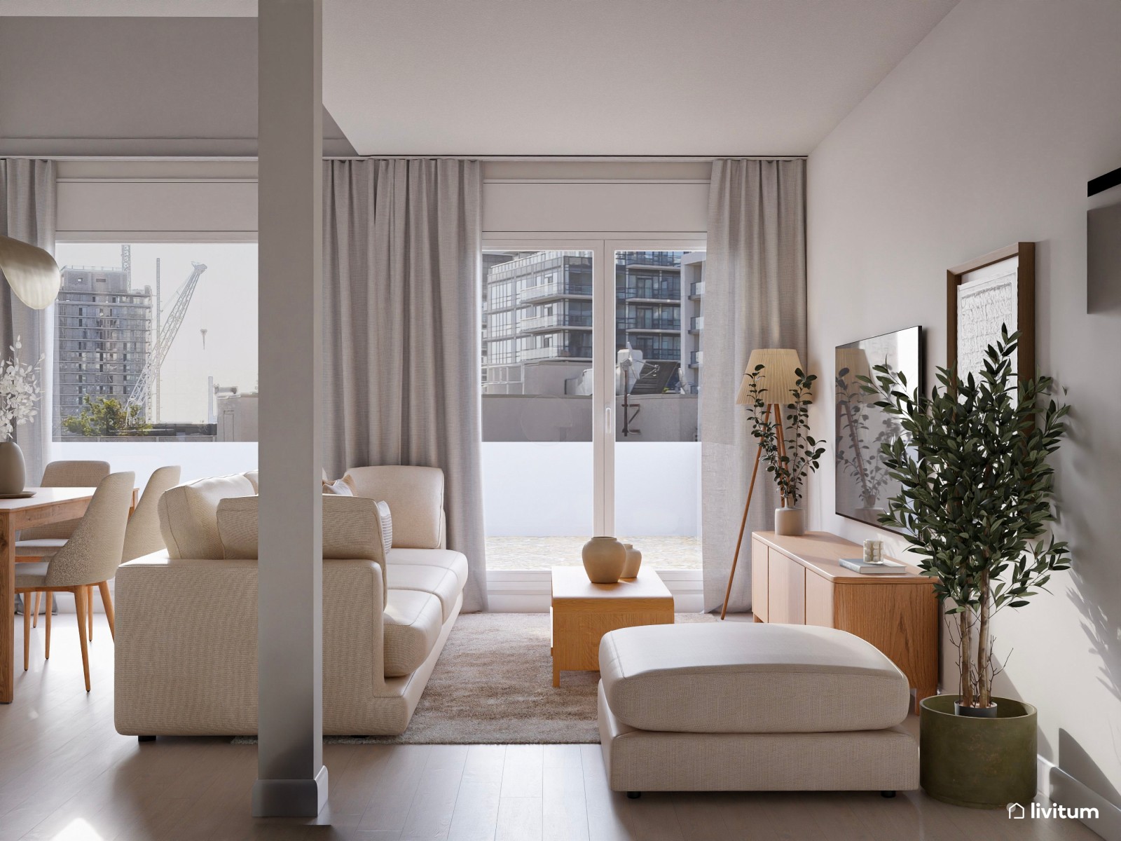 Salón moderno en tonos claros y cocina abierta 