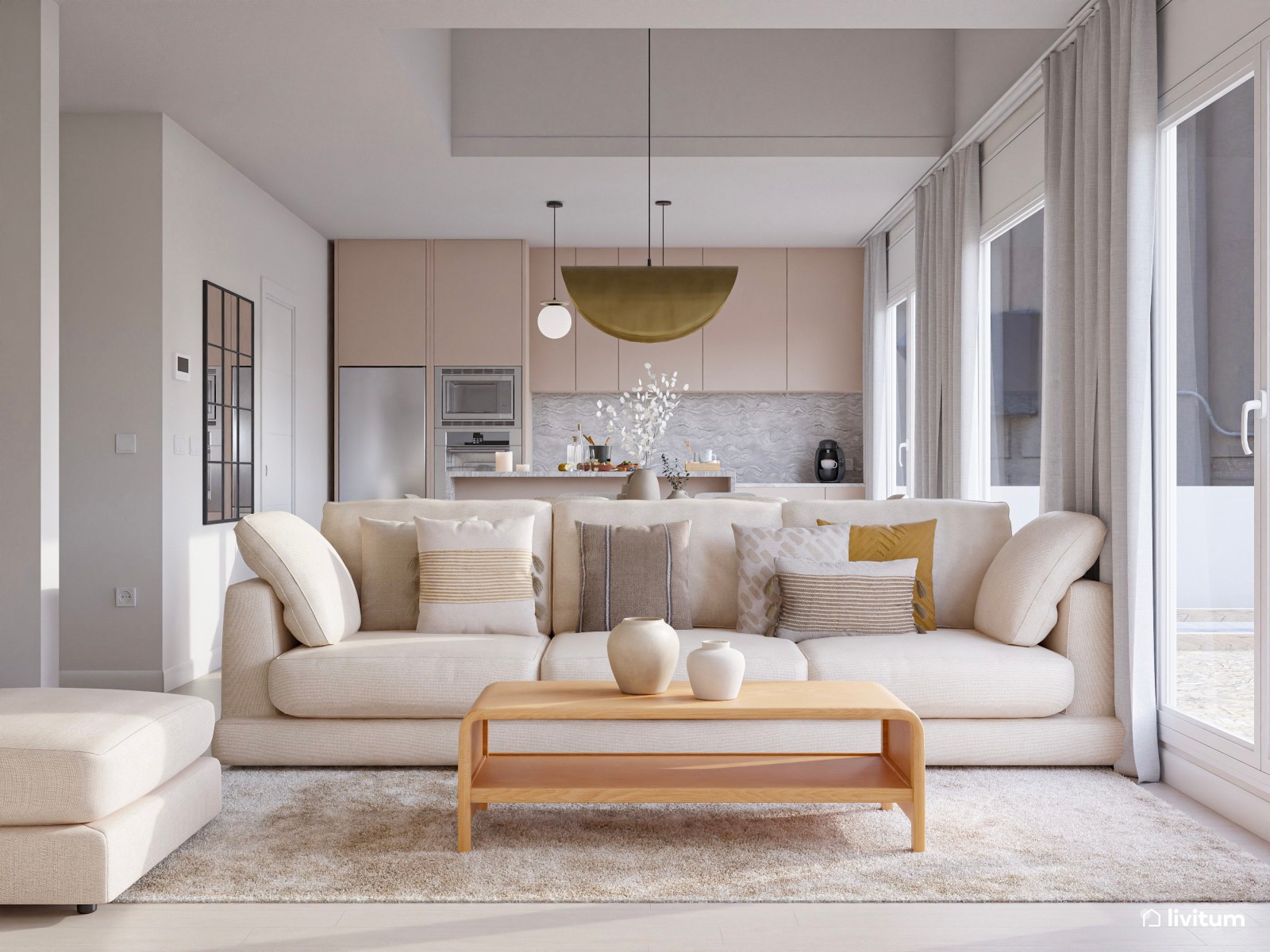 Salón moderno en tonos claros y cocina abierta 