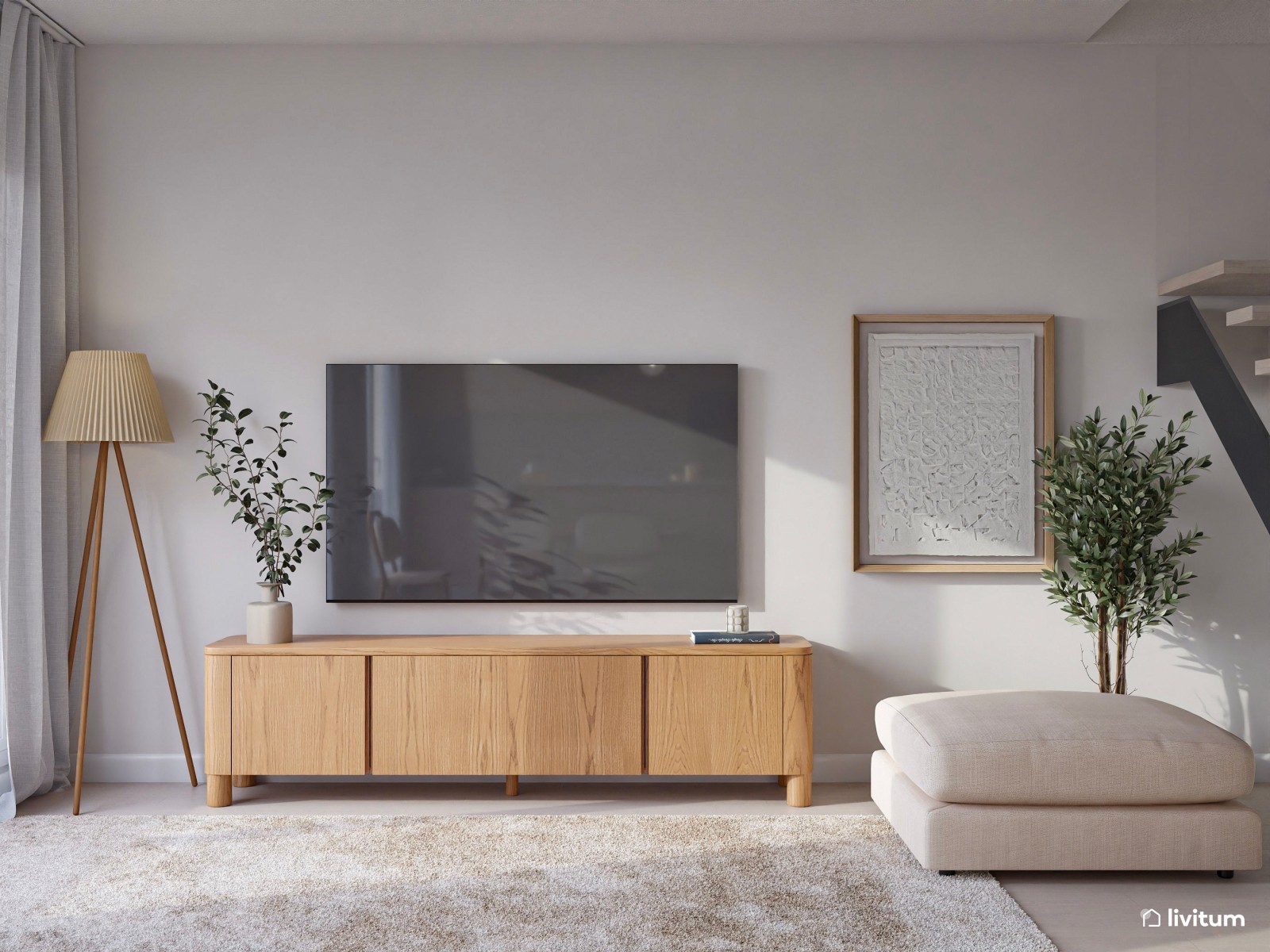 Salón moderno en tonos claros y cocina abierta 