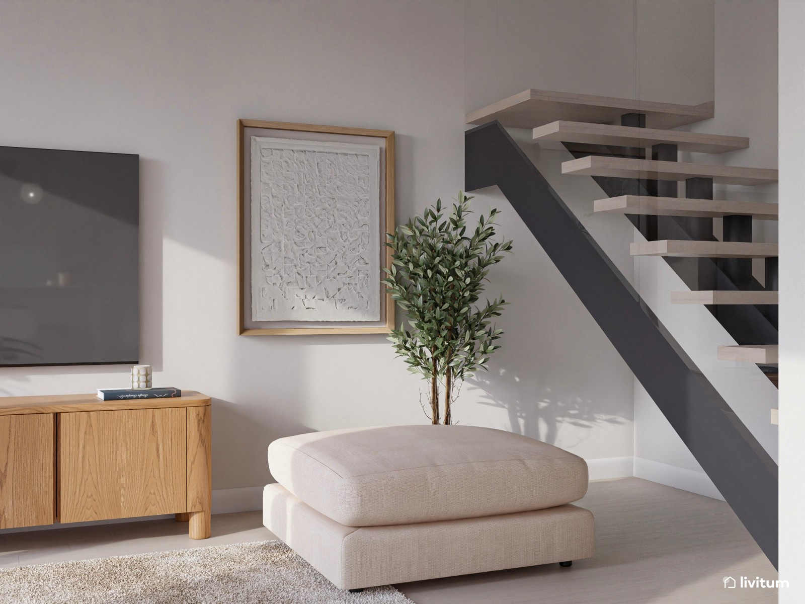 Salón moderno en tonos claros y cocina abierta 