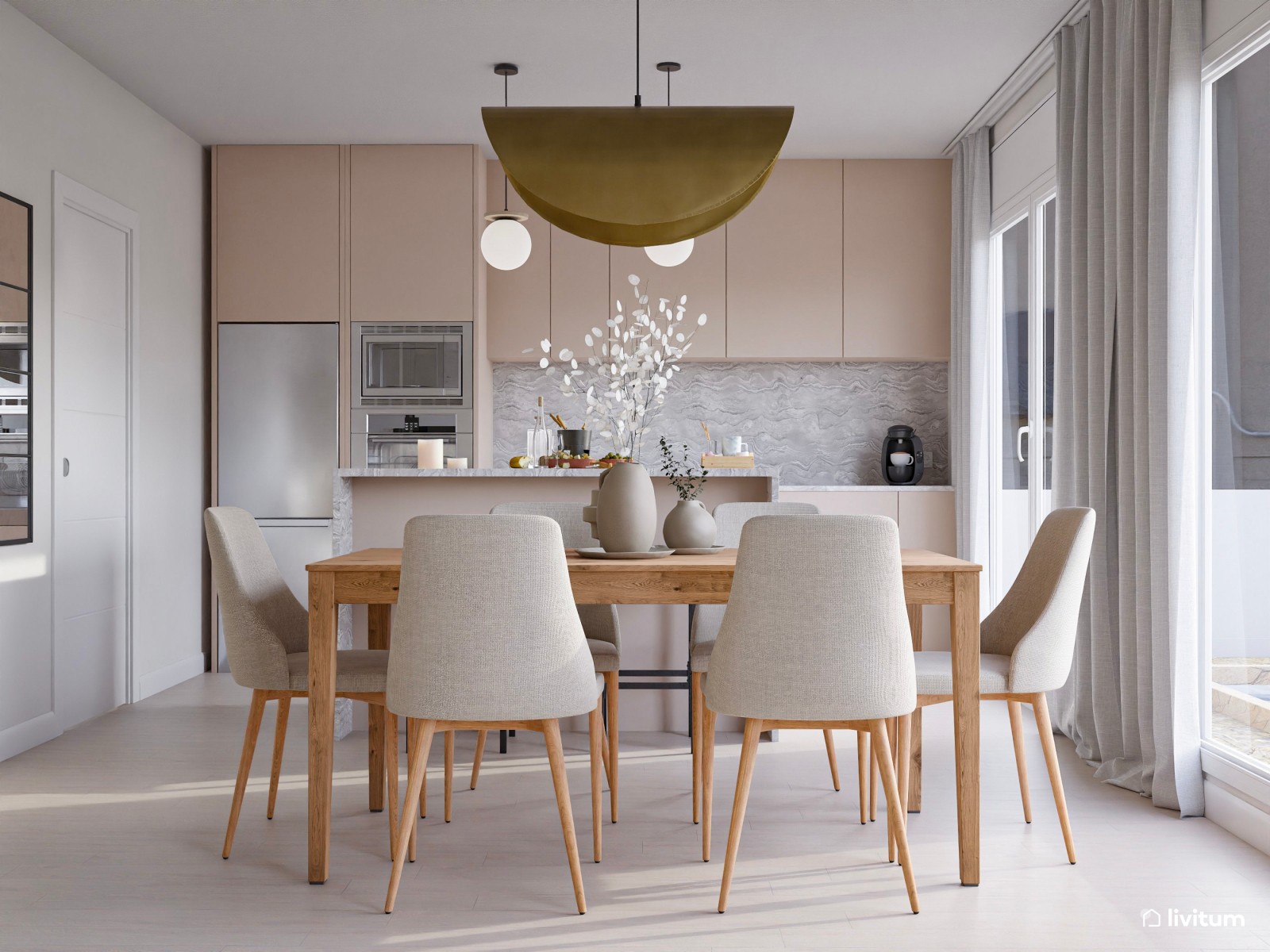 Salón moderno en tonos claros y cocina abierta 