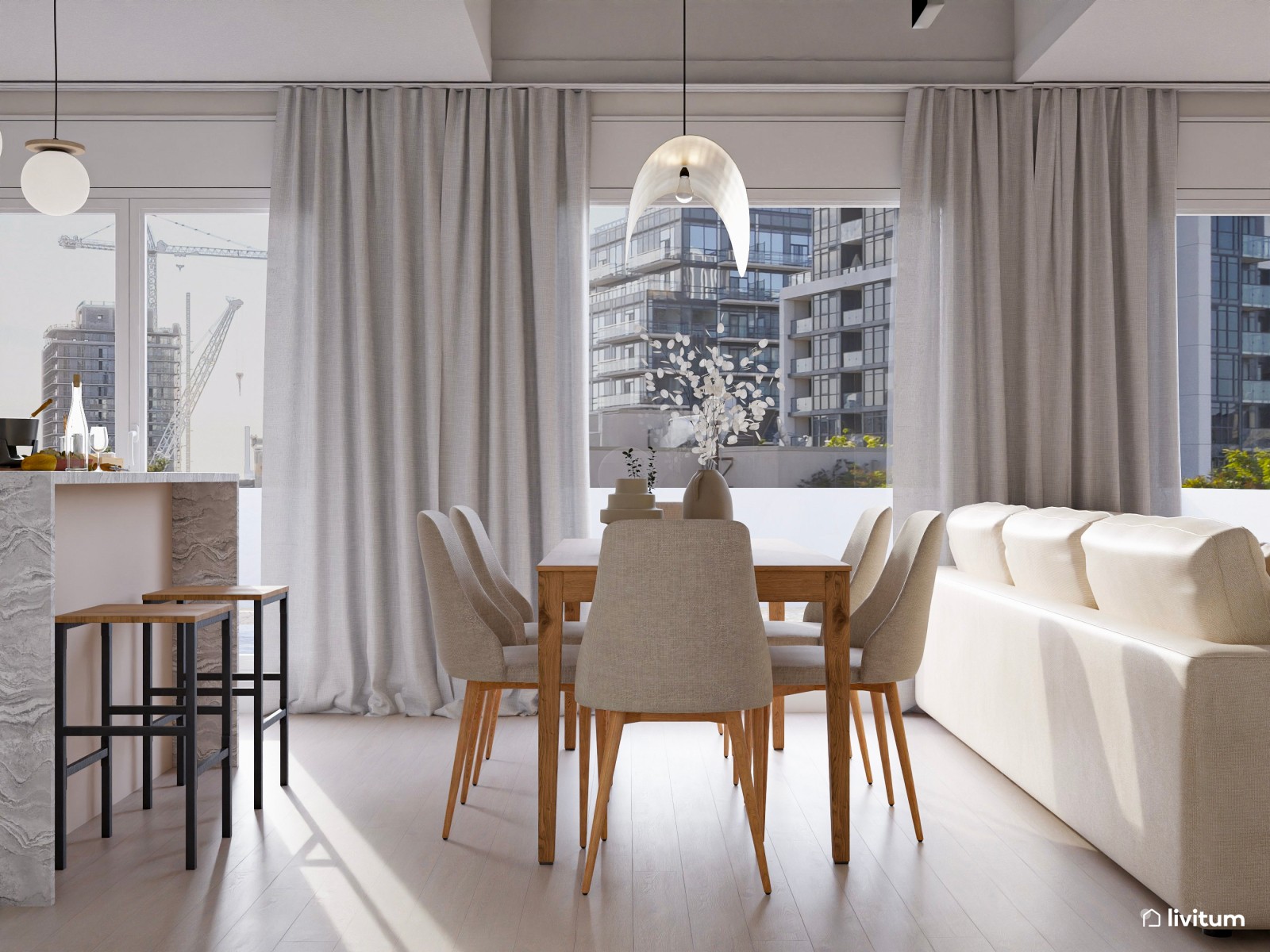 Salón moderno en tonos claros y cocina abierta 