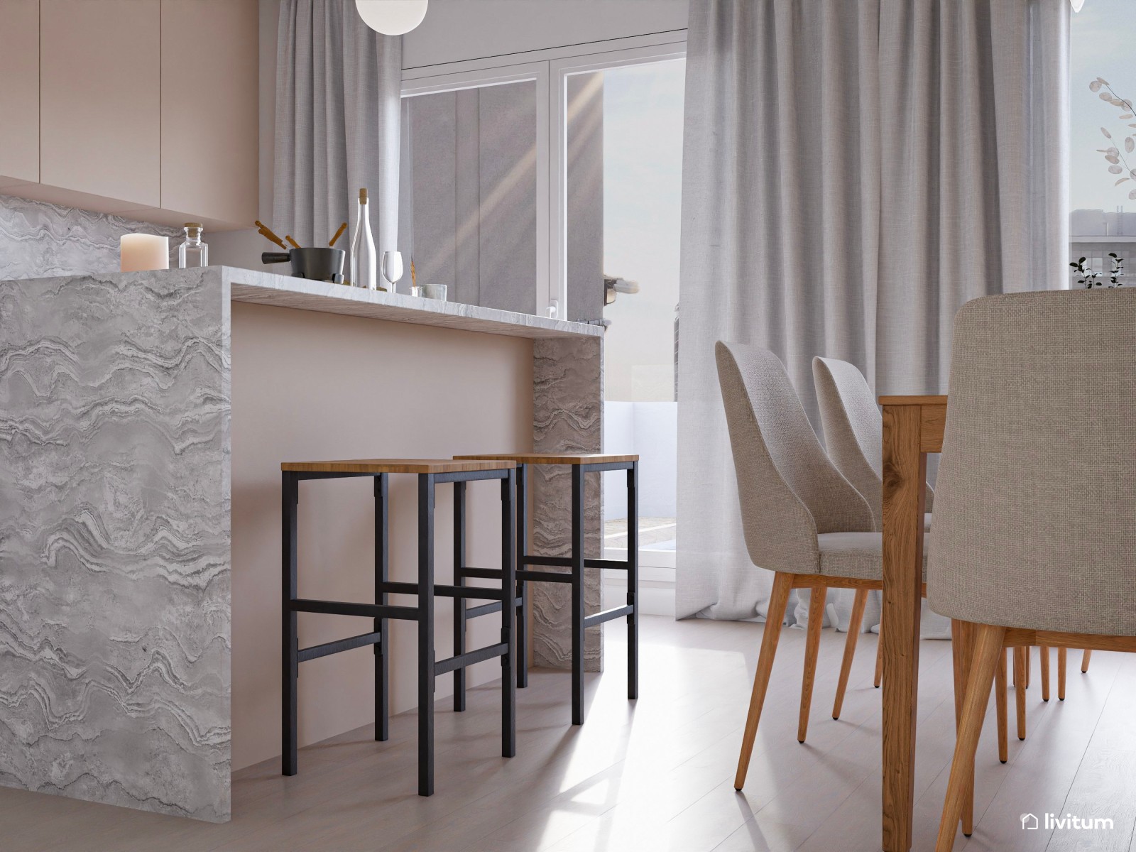 Salón moderno en tonos claros y cocina abierta 