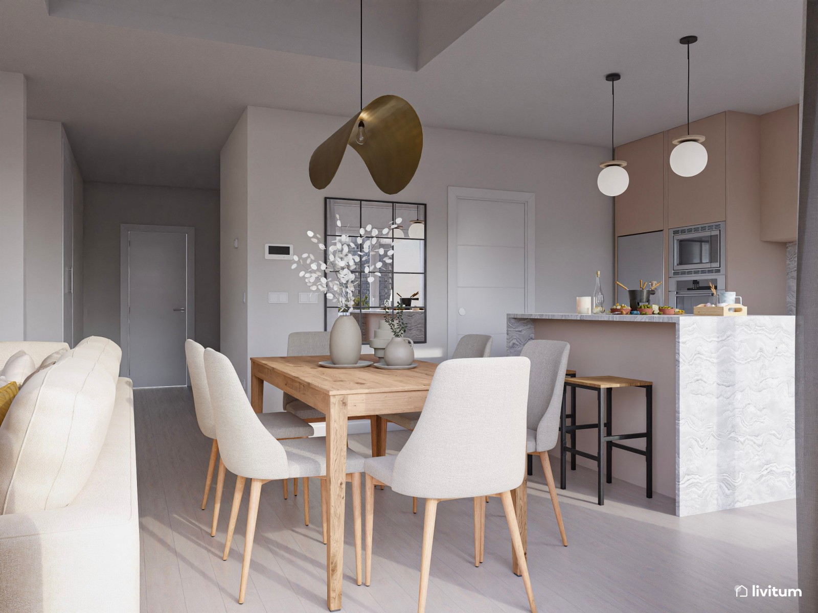 Salón moderno en tonos claros y cocina abierta 