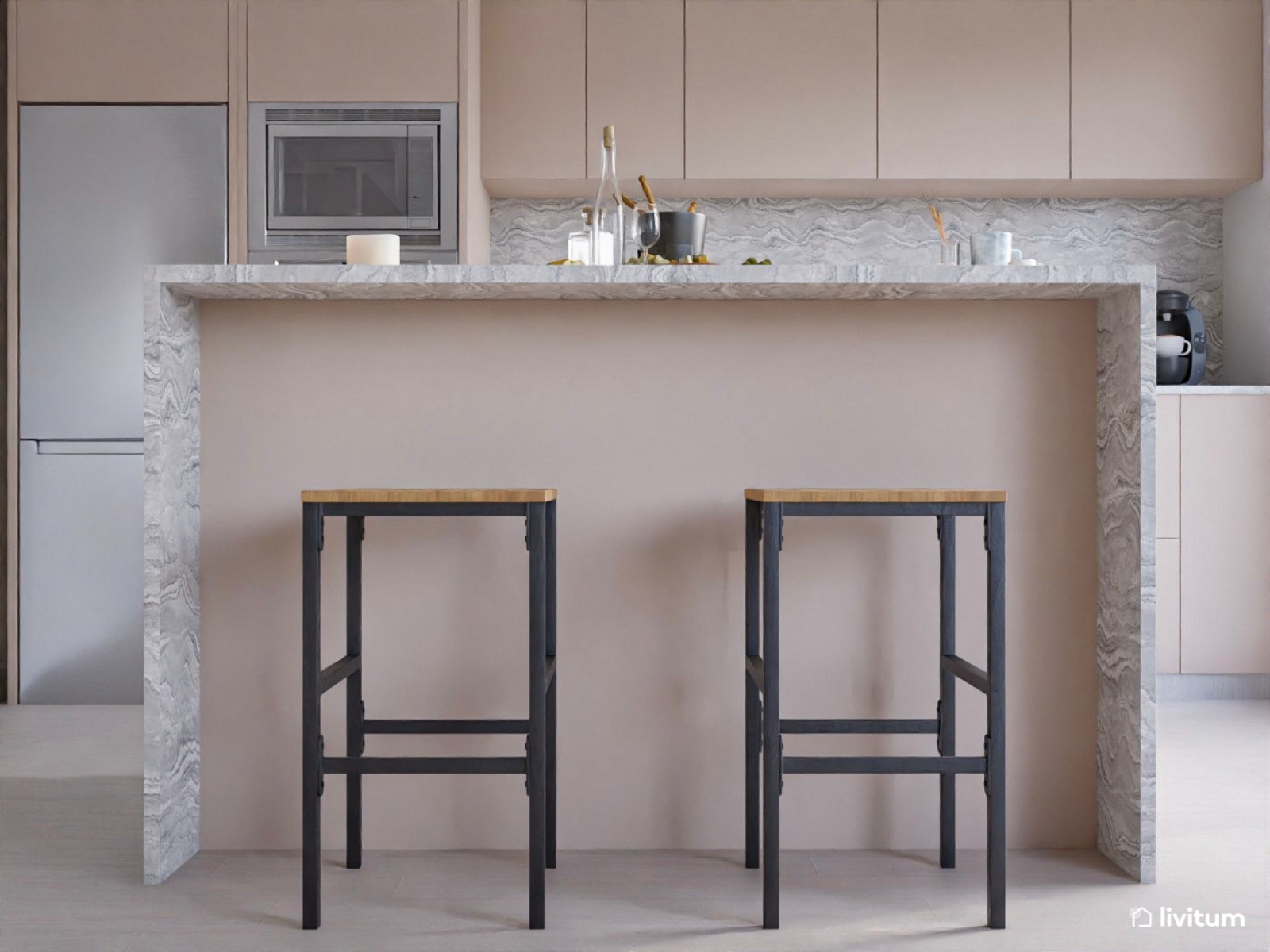 Salón moderno en tonos claros y cocina abierta 