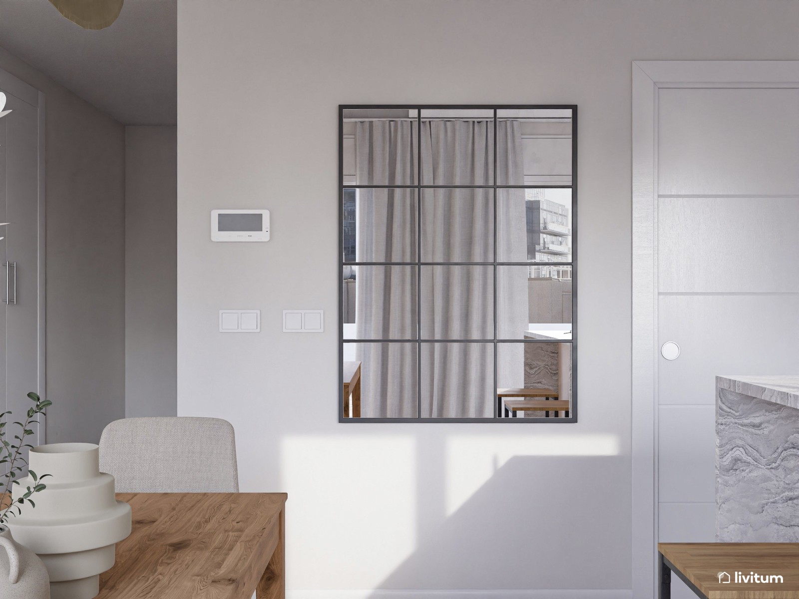 Salón moderno en tonos claros y cocina abierta 