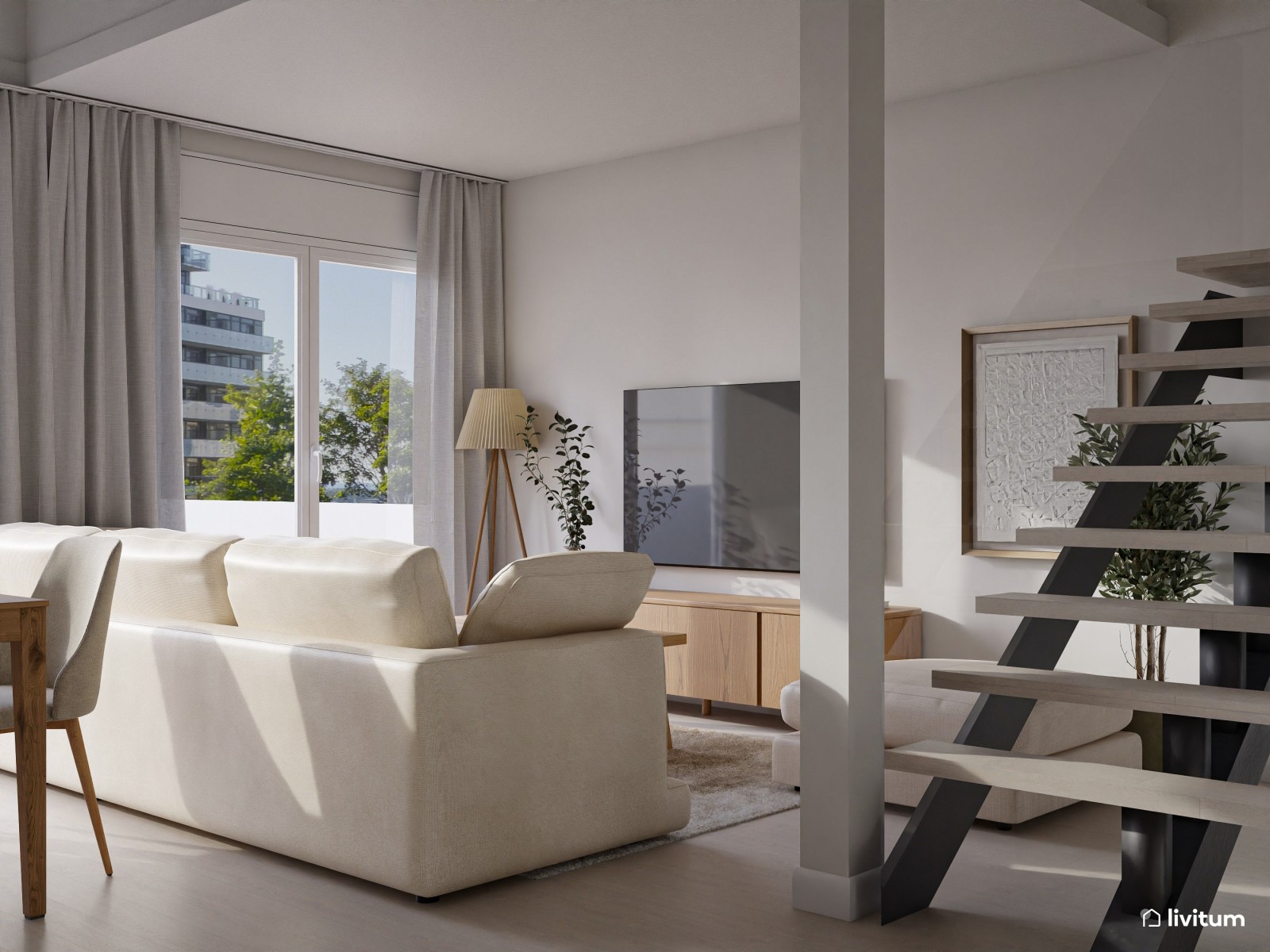 Salón moderno en tonos claros y cocina abierta 