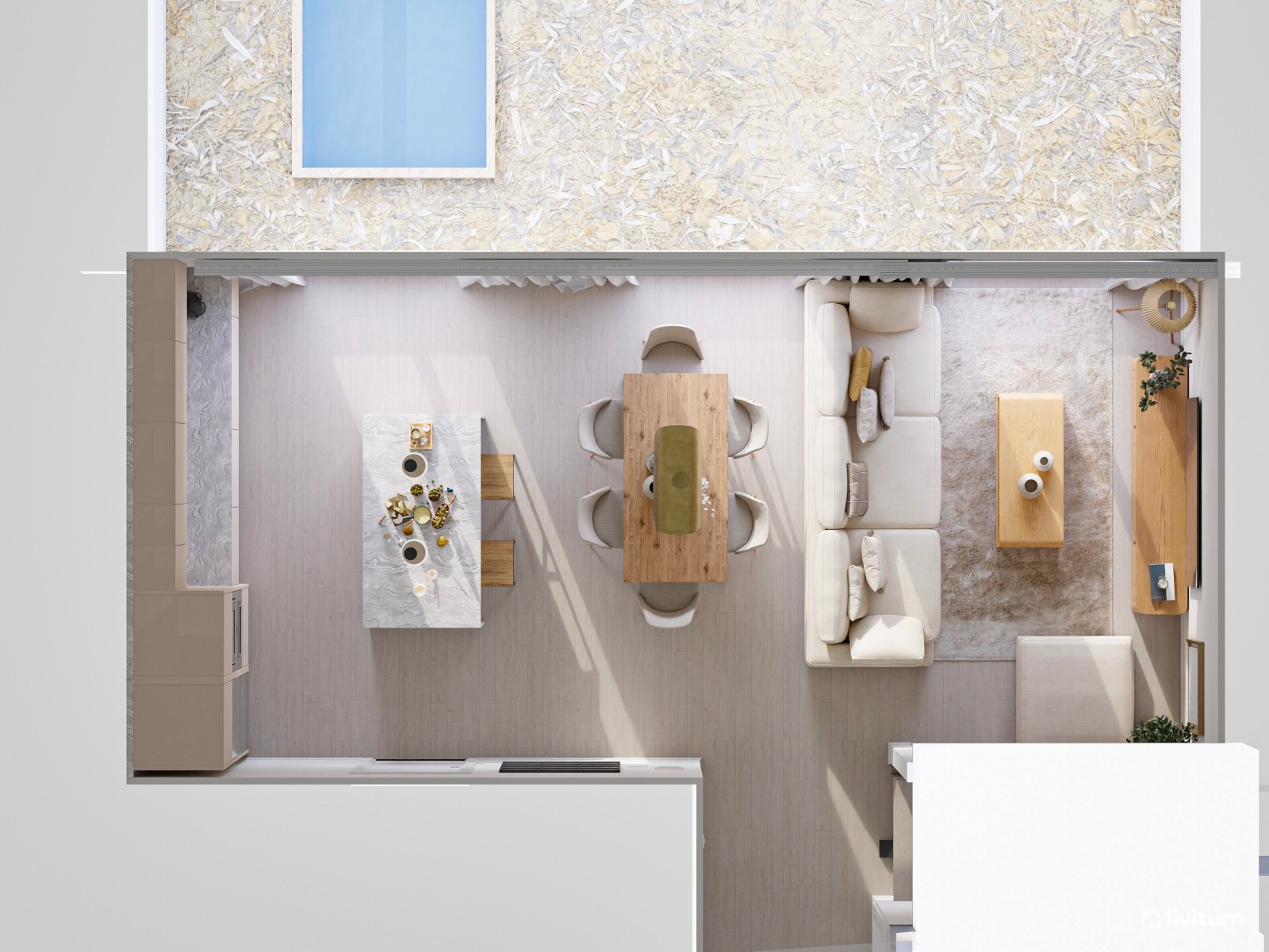 Salón moderno en tonos claros y cocina abierta 