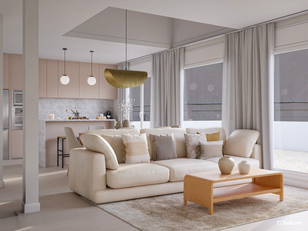 Salón moderno en tonos claros y cocina abierta