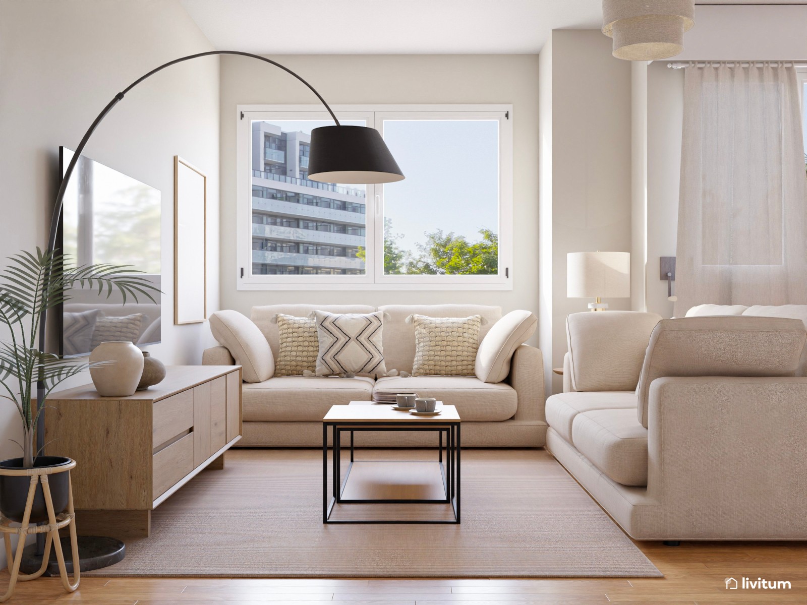 Salón moderno en tonos claros y detalles en negro con rincón de lectura