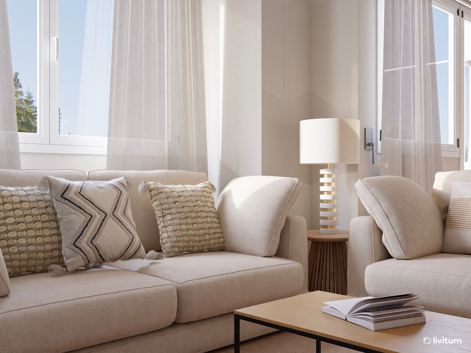 Salón moderno en tonos claros y detalles en negro con rincón de lectura