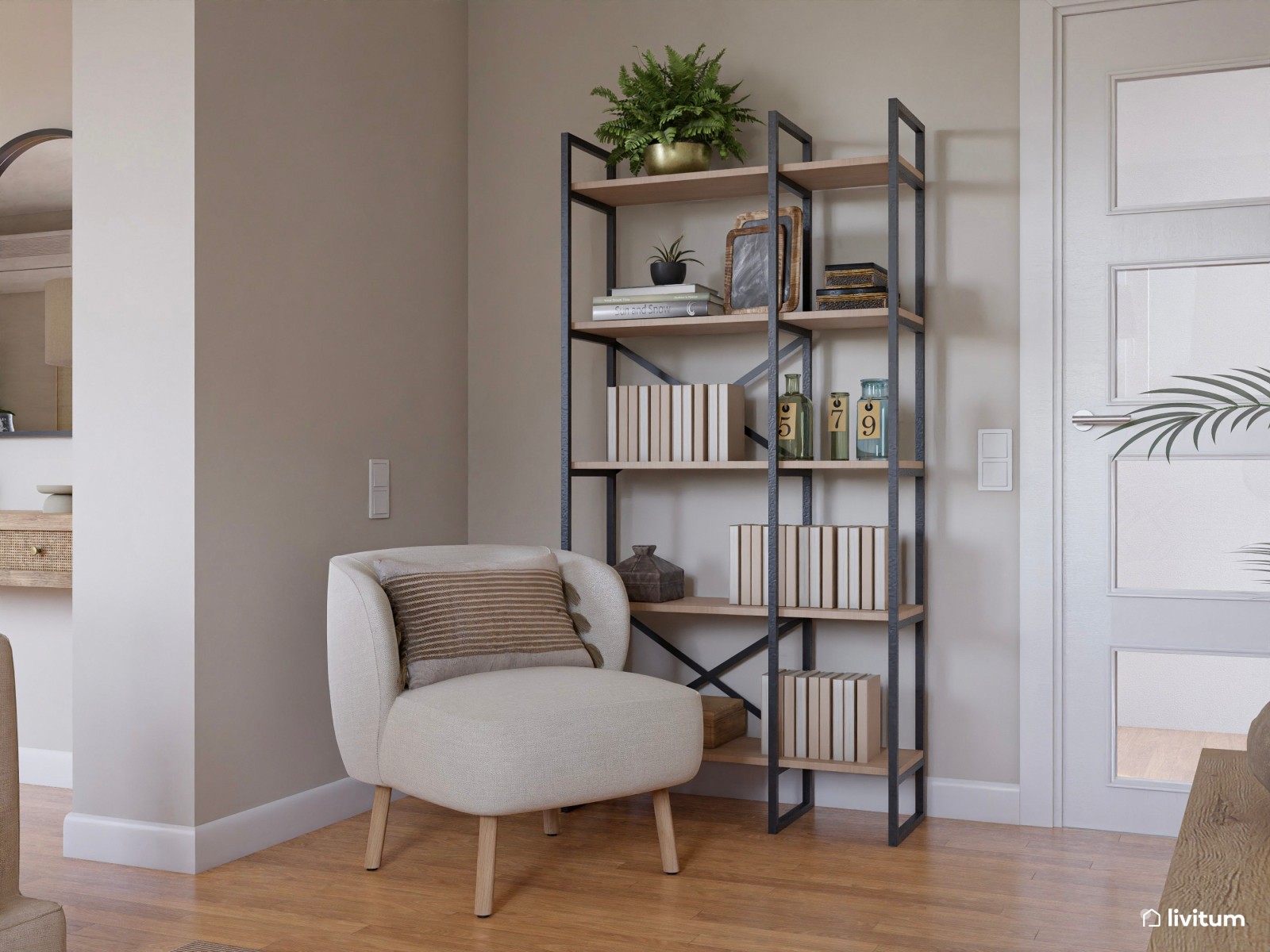 Salón moderno en tonos claros y detalles en negro con rincón de lectura