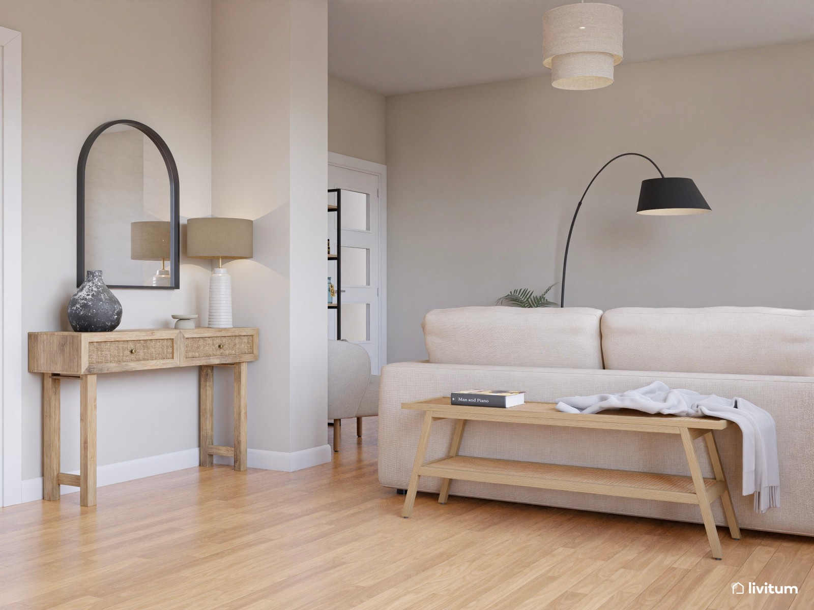 Salón moderno en tonos claros y detalles en negro con rincón de lectura