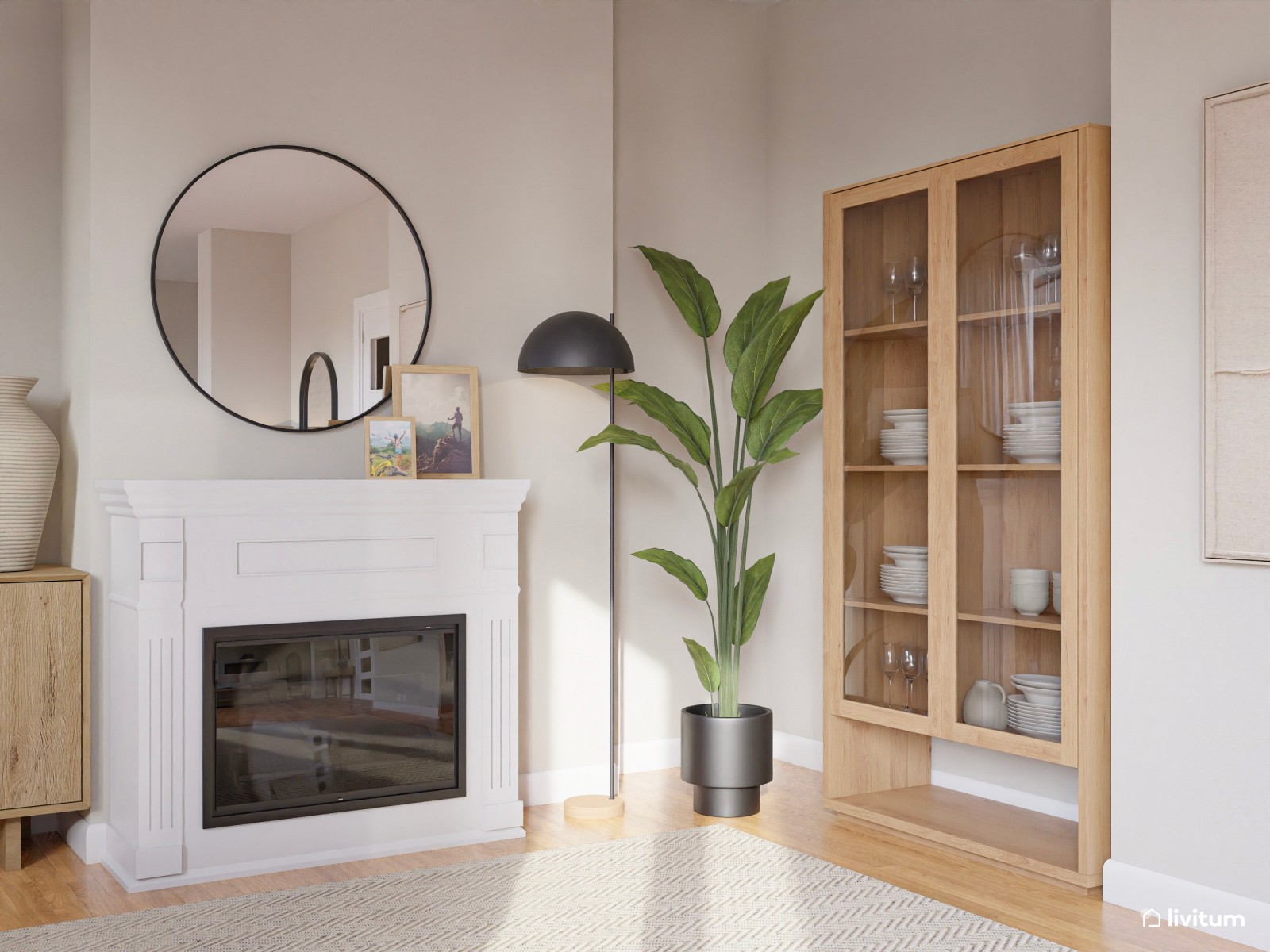 Salón moderno en tonos claros y detalles en negro con rincón de lectura